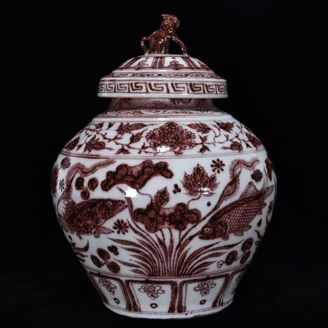 An Exquisite Underglaze-Red Fish and Lotus Pattern Lotus Pattern Jar: An Exquisite Underglaze-Red Fish and Lotus Pattern Lotus Pattern Jar Yuan Dynasty, China Size:13inx10.2in釉里红鱼藻纹盖罐