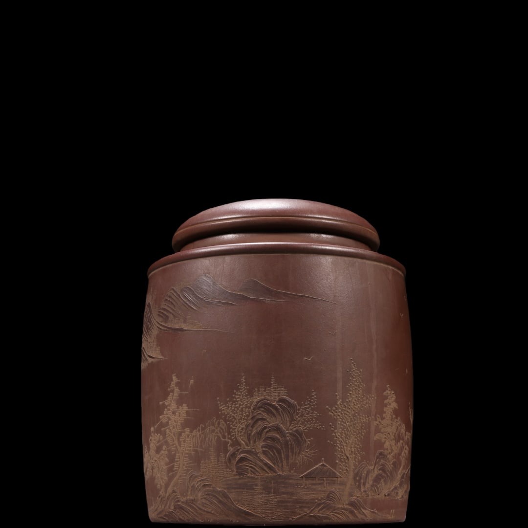 An Exquisite Purple Sands Landscape and Figure Pattern Tea Caddy: An Exquisite Purple Sands Landscape and Figure Pattern Tea Caddy Yang ji chu Size:7.1inx5.7in紫砂山水茶叶罐 杨季初 Size:18cmx14.4cm