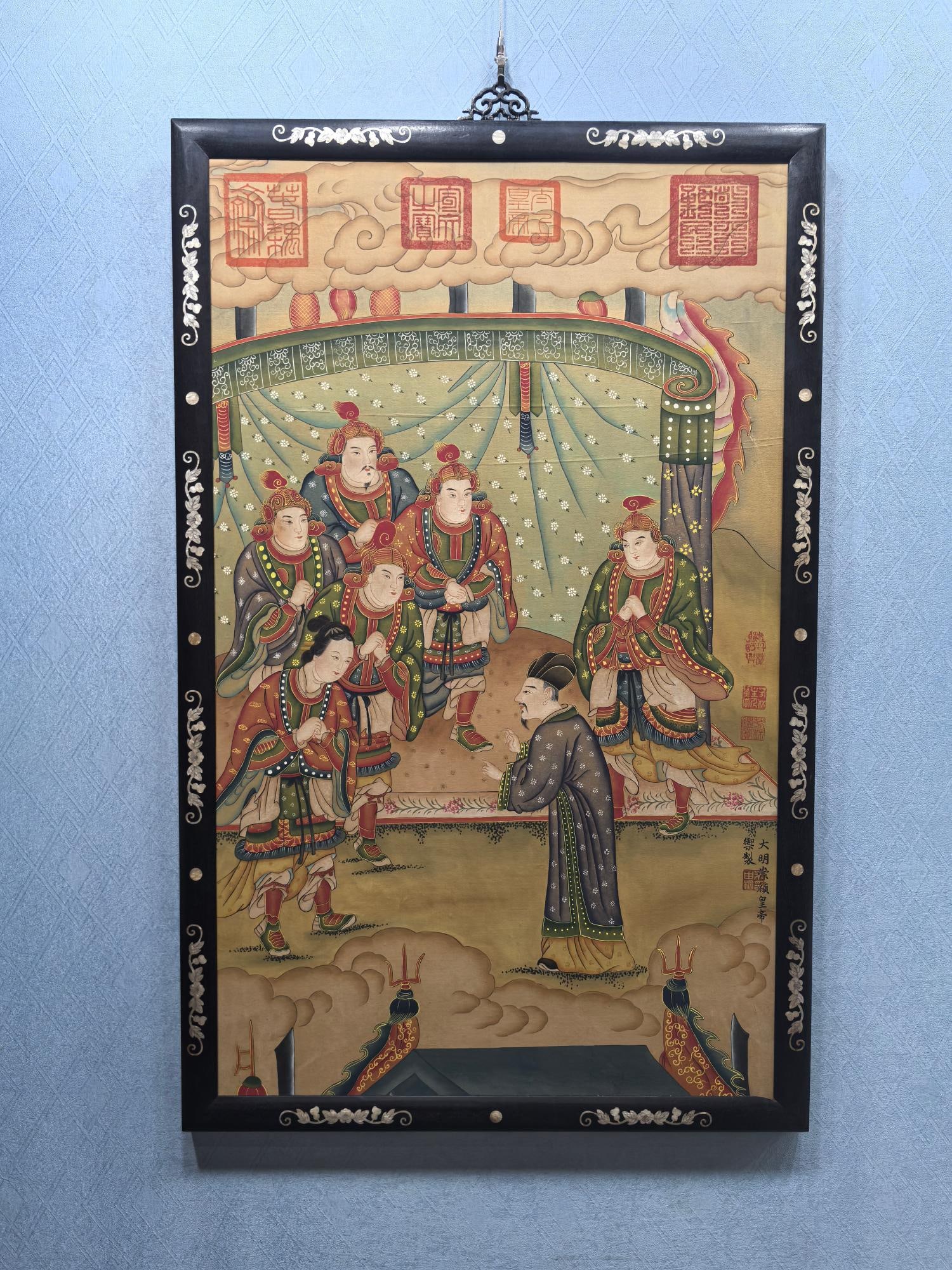 A Chinese Ink Painting of Character and Story on Silk With Frame: A Chinese Ink Painting of Character and Story on Silk With Frame Zhu youjian Size:29.3inx46.3in朱由检人物 绢本画框Size:74.5cmx117.5cm