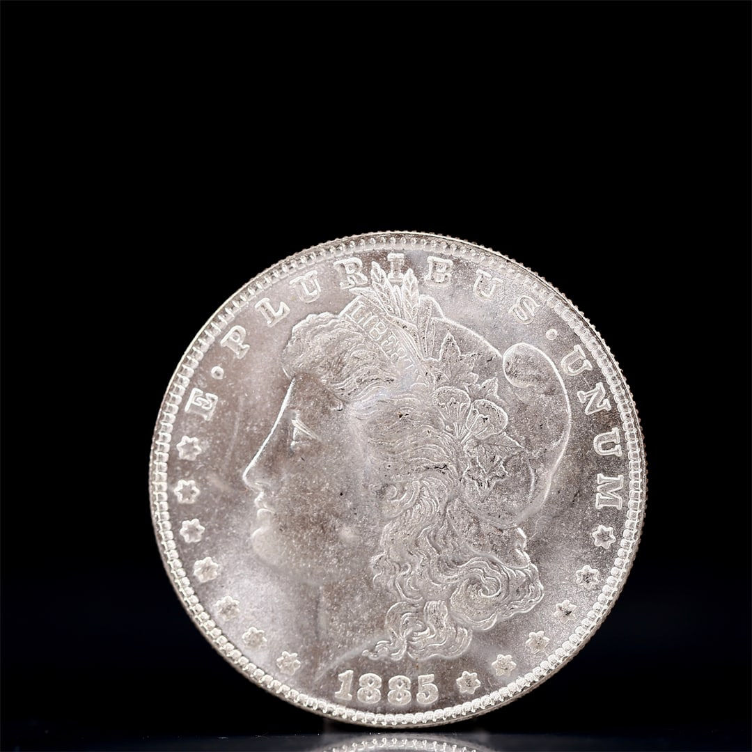 USA Morgan Dollar 1885 Coin: Obv: profile bust with date below and E PLURIBUS UNUM legend and stars around. Rev: eagle with In God we trust above within wreath with UNITED STATES OF AMERICA ONE DOLLAR legend. IN GOD WE TRUST /