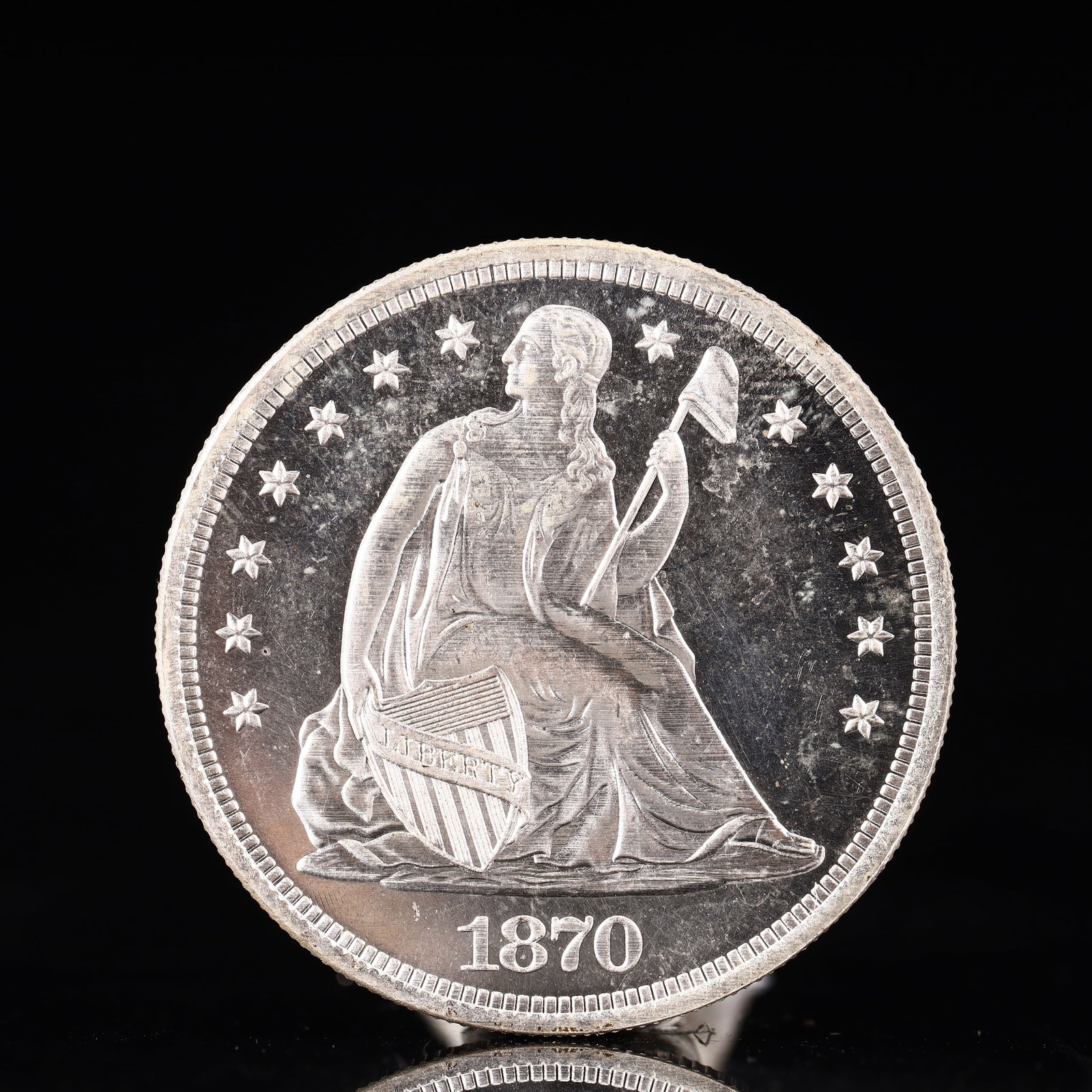 USA One Dollar 1870 Coin: American coin. IN GOD WE TRUST / LIBERTY / 1870 / UNITED STATES OF AMERICA / ONE DOL. Mint mark: CC. Weight:26.9g.