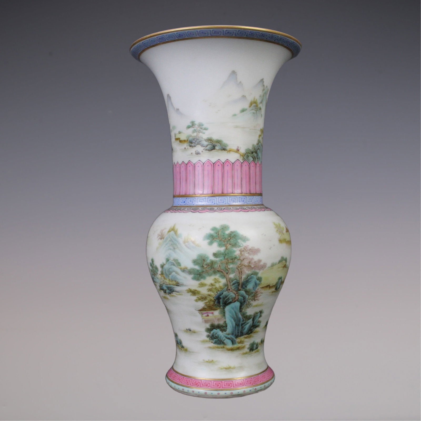 An Exquisite Famille-Rose Landscape Pattern Vase: An Exquisite Famille-Rose Landscape Pattern Vase Qing Dynasty, China Yongzheng Six-character Mark Size:9.6inx3in粉彩山水花觚 中国清代