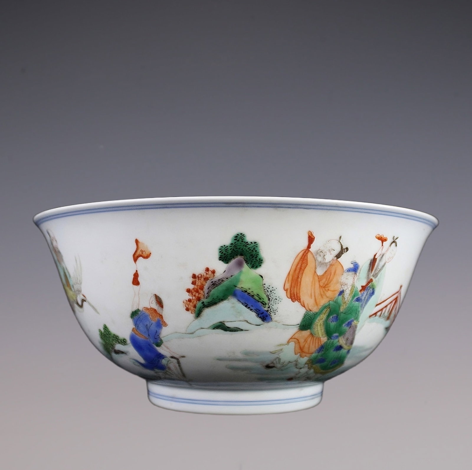 An Exquisite Wucai Character and Story Pattern Bowl: An Exquisite Wucai Character and Story Pattern Bowl Qing Dynasty, China Yongzheng Six-character Mark Size:8.9inx3.8in五彩群英祝寿大碗