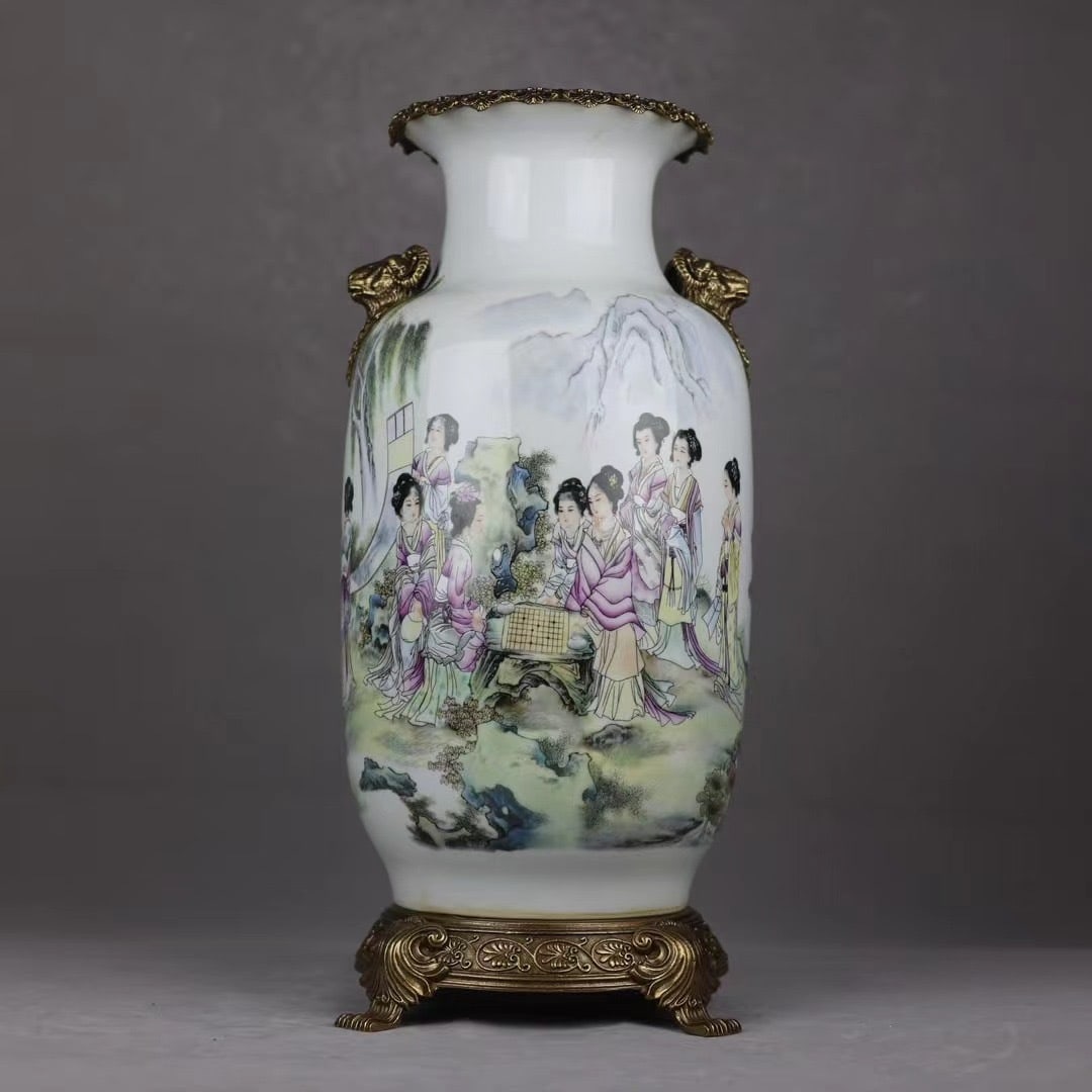 An Exquisite Famille-Rose Inlaid Bronze Character and Story Pattern with poem Double-Ears Vase: An Exquisite Famille-Rose Inlaid Bronze Character and Story Pattern with poem Double-Ears Vase Qing Dynasty, China Yongzheng Four-character Mark