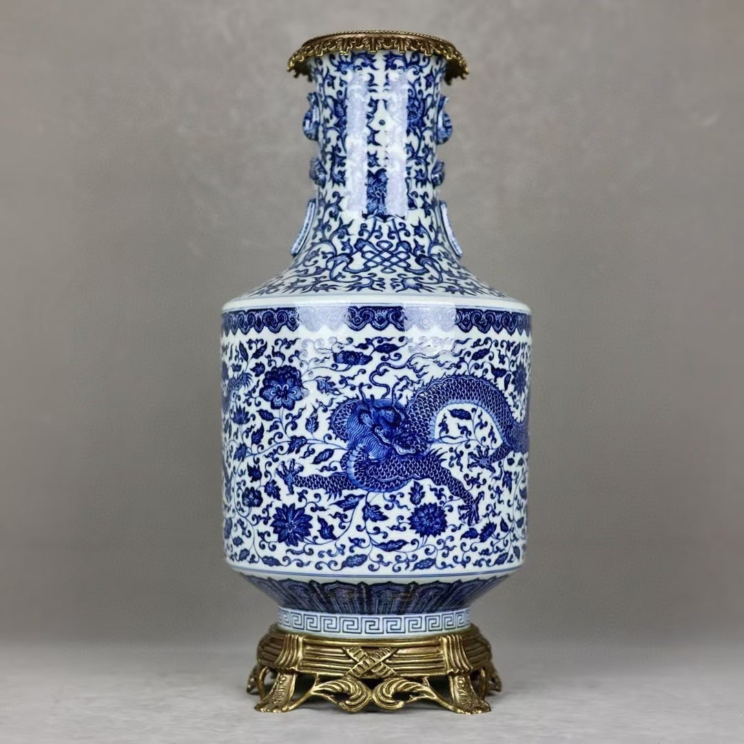 An Exquisite Blue and White Inlaid Bronze Lotus Pattern Dragon Pattern Double-Ears Vase: An Exquisite Blue and White Inlaid Bronze Lotus Pattern Dragon Pattern Double-Ears Vase Qing Dynasty, China Qianlong Six-character Mark