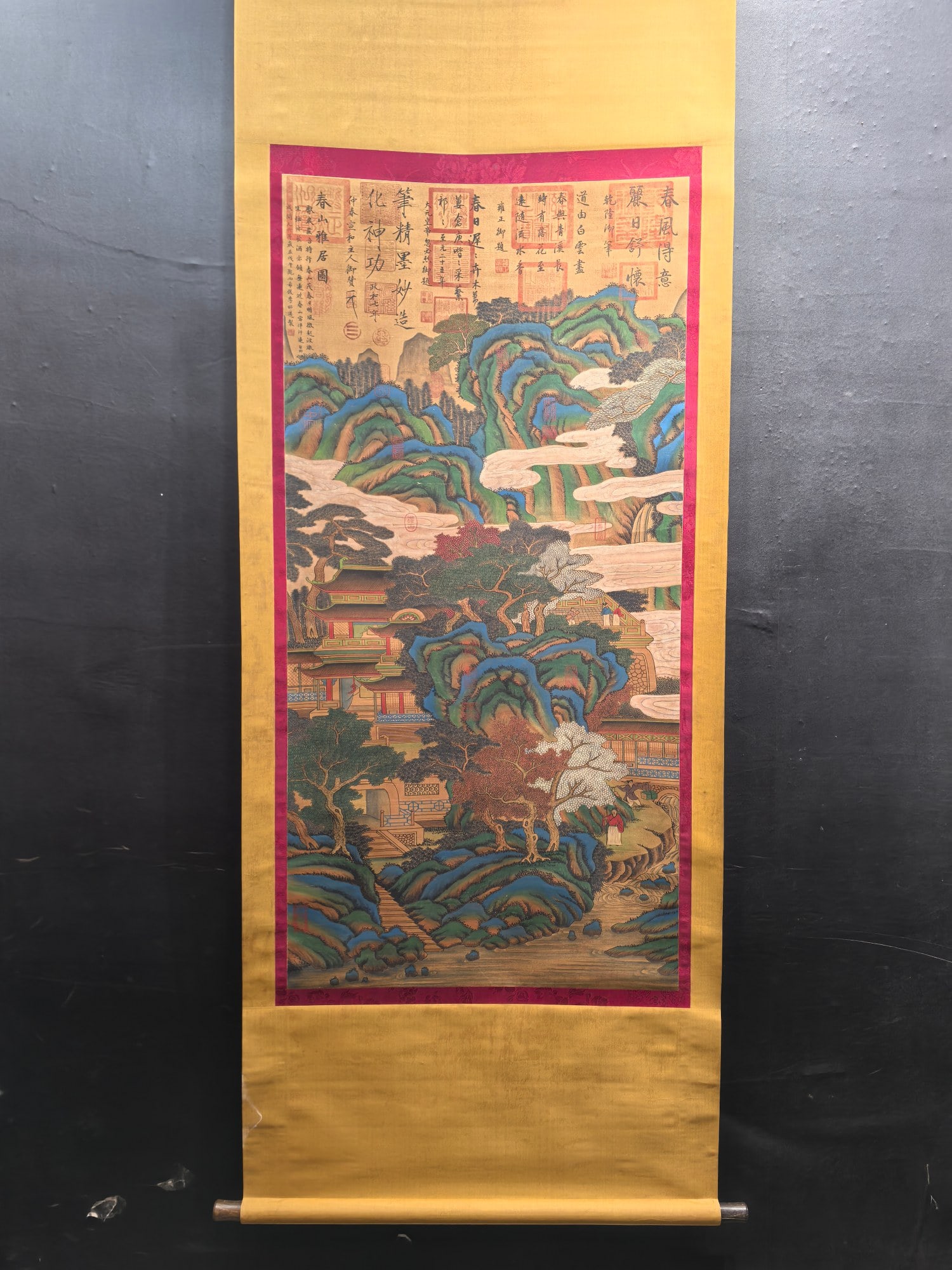 A Chinese Vertical Scroll Ink Painting of Landscape on Silk: A Chinese Vertical Scroll Ink Painting of Landscape on Silk Li zhaodao Size:27.4inx55.8in李昭道春山雅居图