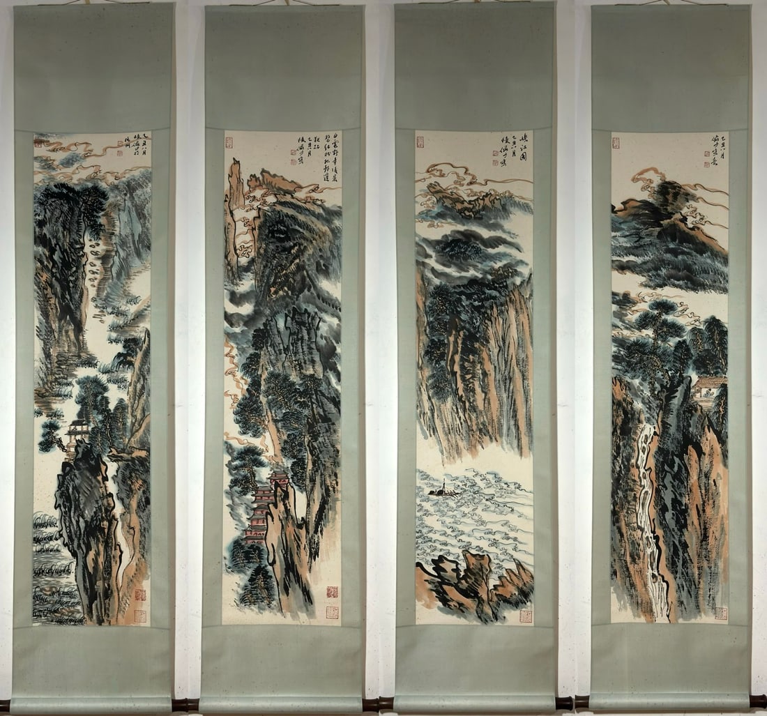 A Chinese Vertical Scroll Ink Painting of Landscape on Paper: A Chinese Vertical Scroll Ink Painting of Landscape on Paper Lu yanshao entirety Size:77.2inx17.3in Without frame