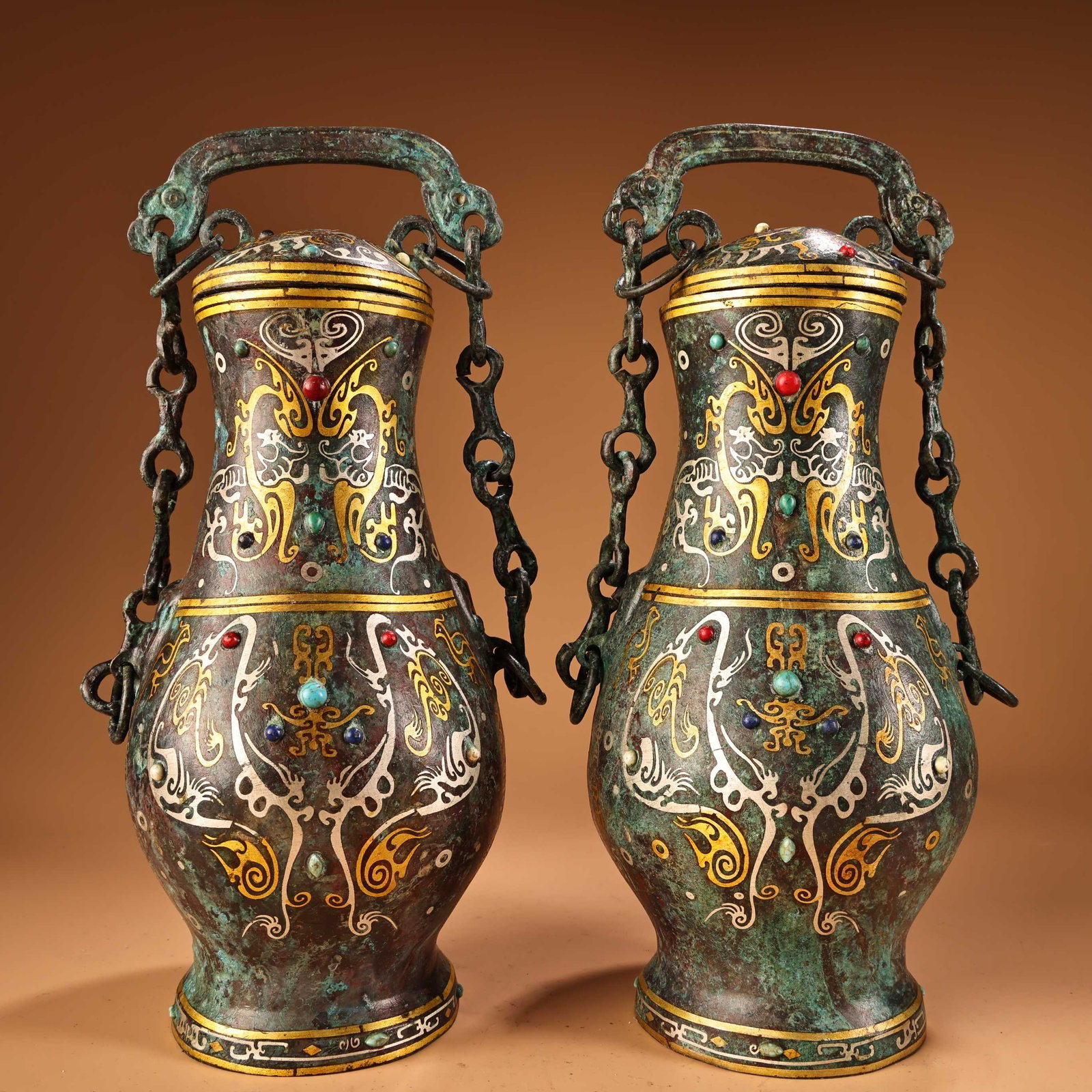A Pair of Exquisite Bronze Inlaid Gold and Silver Inlaid Gems With Inscription Vase: A Pair of Exquisite Bronze Inlaid Gold and Silver Inlaid Gems With Inscription Vase Han Dynasty, China Size:13.4inx5.5in
