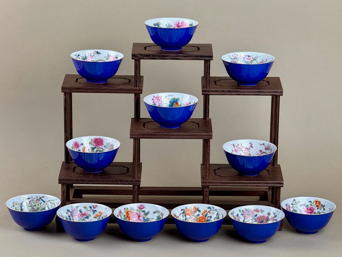 A Set of Fine Enamel Flower Pattern with poem Cup: A Set of Fine Enamel Flower Pattern with poem Cup Qing Dynasty, China Yongzheng Six-character Mark Size:1.6inx3.1in宝石蓝釉珐琅彩十二花Ķ