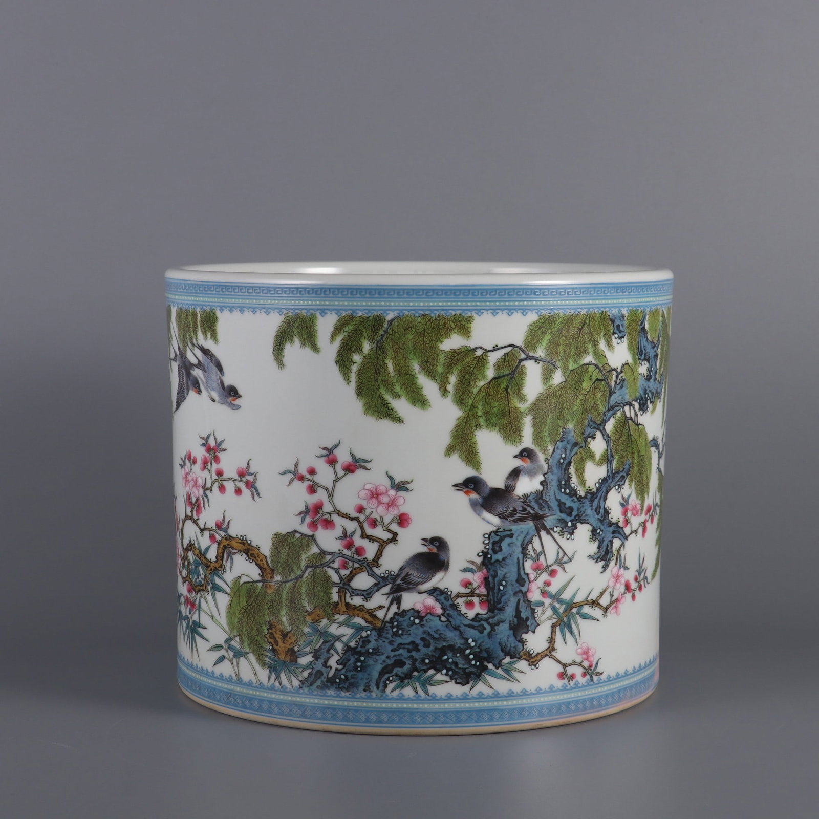 An Exquisite Enamel Flower and Bird Pattern with poem Brush Pot: An Exquisite Enamel Flower and Bird Pattern with poem Brush Pot Qing Dynasty, China Yongzheng Six-character Mark