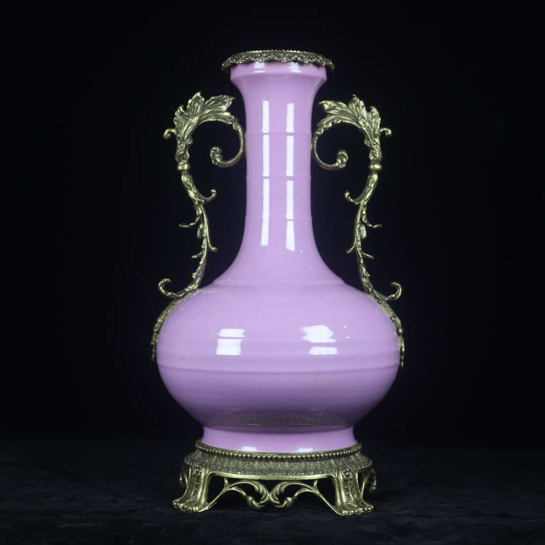 An Exquisite Purple Glazed Inlaid Bronze Double-Ears Vase: An Exquisite Purple Glazed Inlaid Bronze Double-Ears Vase Qing Dynasty, China Yongzheng Six-character Mark