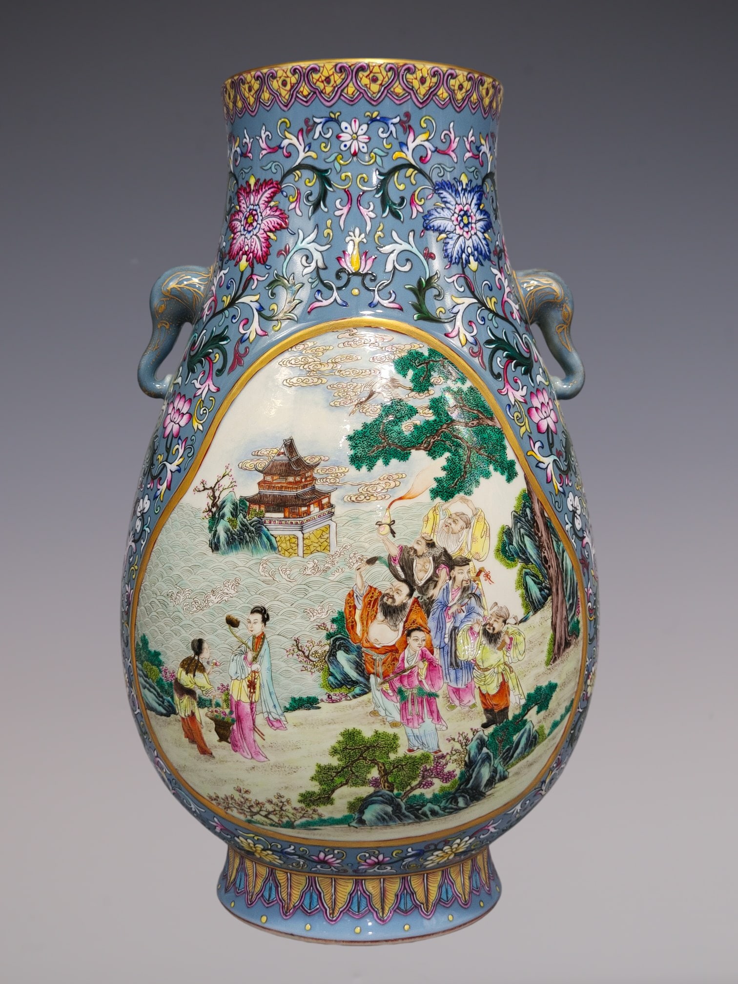 An Exquisite Sky Blue Glazed Lotus Pattern Character and Story Pattern Double-Ears Vase (1 of 9)