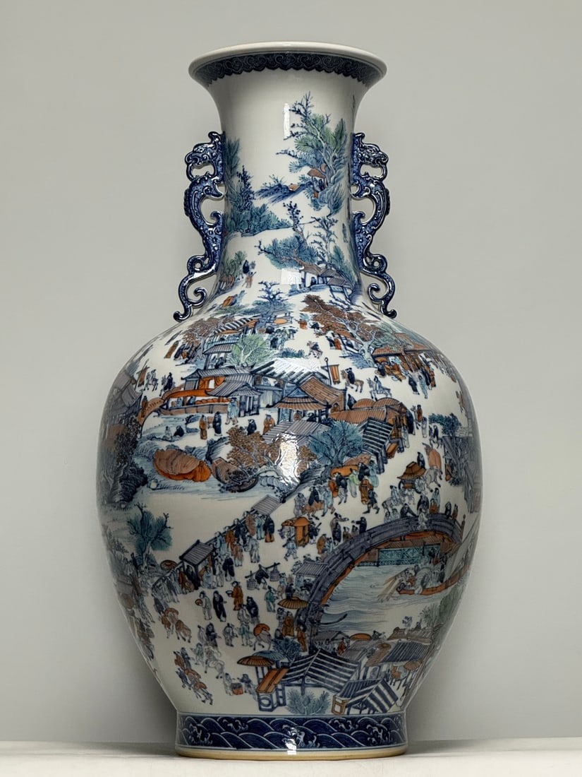 An Exquisite Doucai Character and Story Pattern Double-Ears Vase: An Exquisite Doucai Character and Story Pattern Double-Ears Vase Qing Dynasty, China Qianlong Six-character Mark Size:33.9inx18.5in斗彩姑苏繁华图双ś
