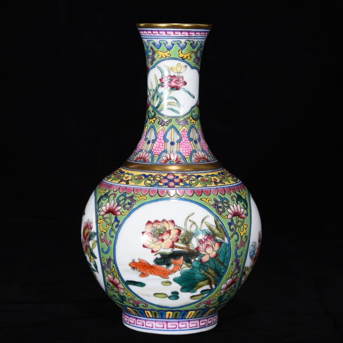 An Exquisite Famille-Rose Painted Gold Flower and Bird Pattern Vase: An Exquisite Famille-Rose Painted Gold Flower and Bird Pattern Vase Qing Dynasty, China Qianlong Six-character Mark Size:5.5inx10.6in粉彩描金开窗花鸟