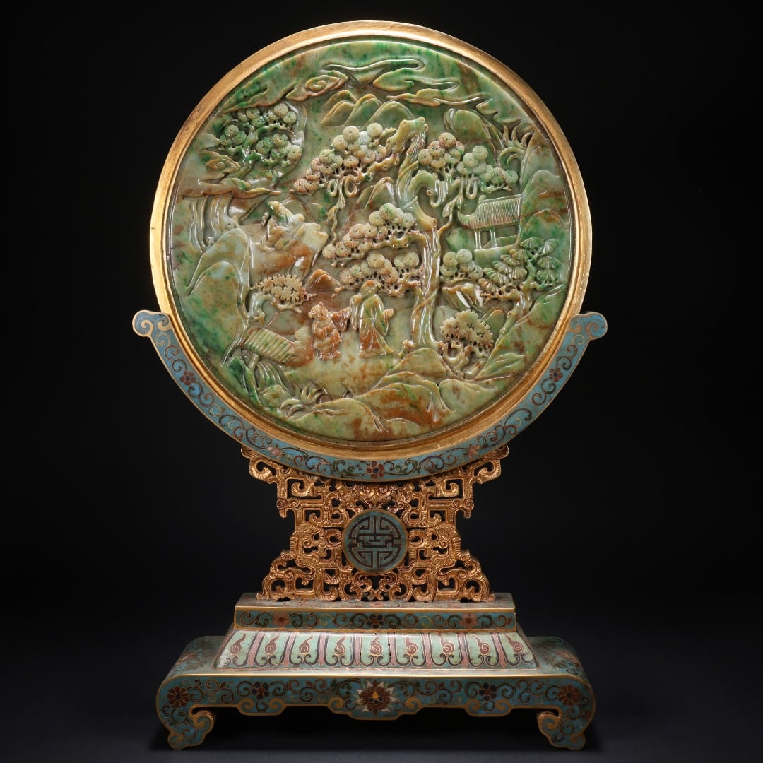An Exquisite Cloisonne Inlaid Jadeite Landscape and Figure Pattern Dragon Pattern Screen: An Exquisite Cloisonne Inlaid Jadeite Landscape and Figure Pattern Dragon Pattern Screen Qing Dynasty, China Qianlong Four-character Mark Size:15.7inx10.2inx2.6in Weight:3304g景泰蓝&