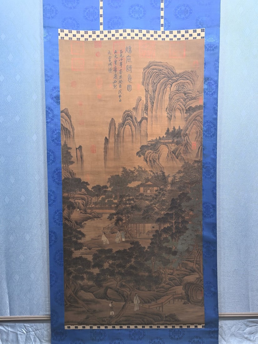 A Chinese Vertical Scroll Ink Painting of Landscape and Figure on Silk (1 of 9)