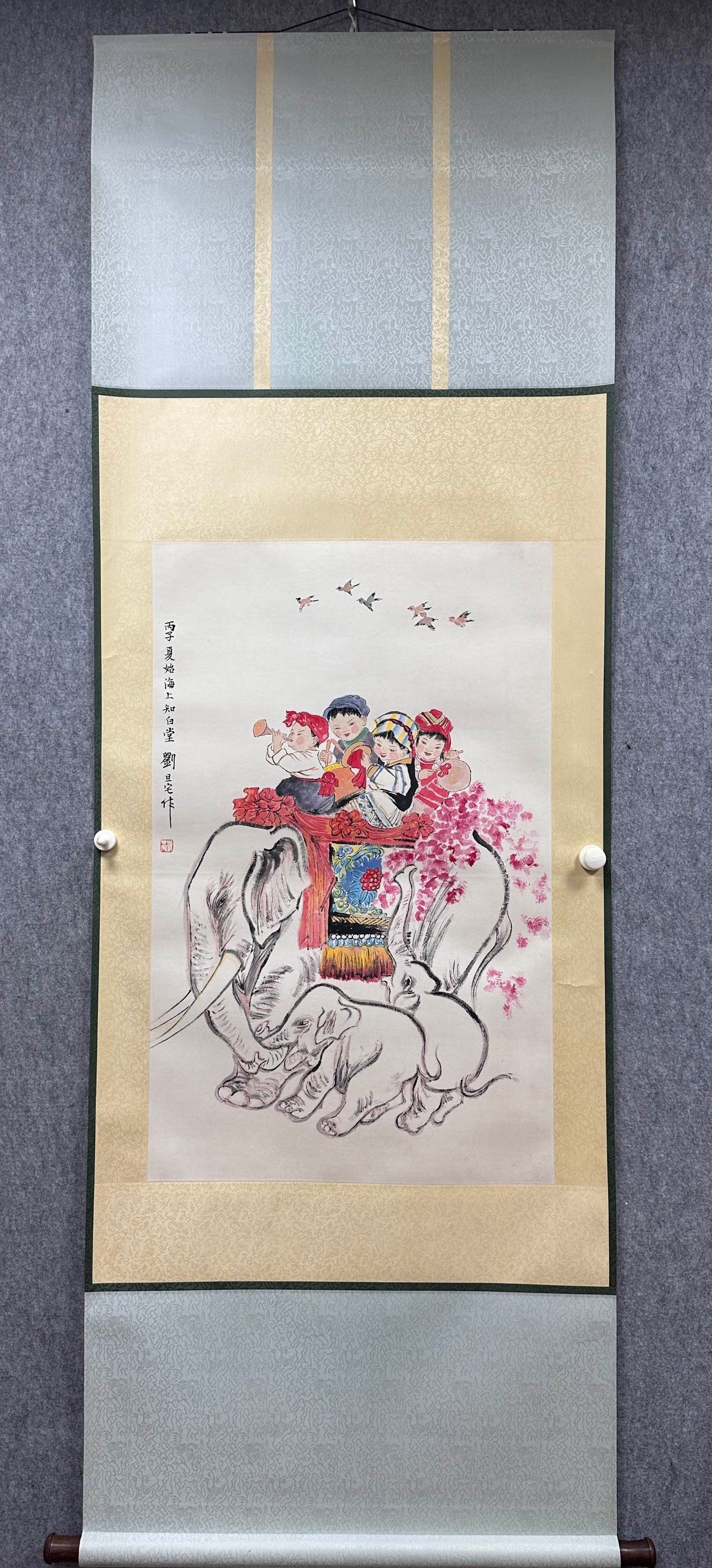 A Chinese Vertical Scroll Ink Painting of Character and Story on Paper: A Chinese Vertical Scroll Ink Painting of Character and Story on Paper Liu danzhai Without frame Size:21.7inx34.6in刘旦宅人物故事