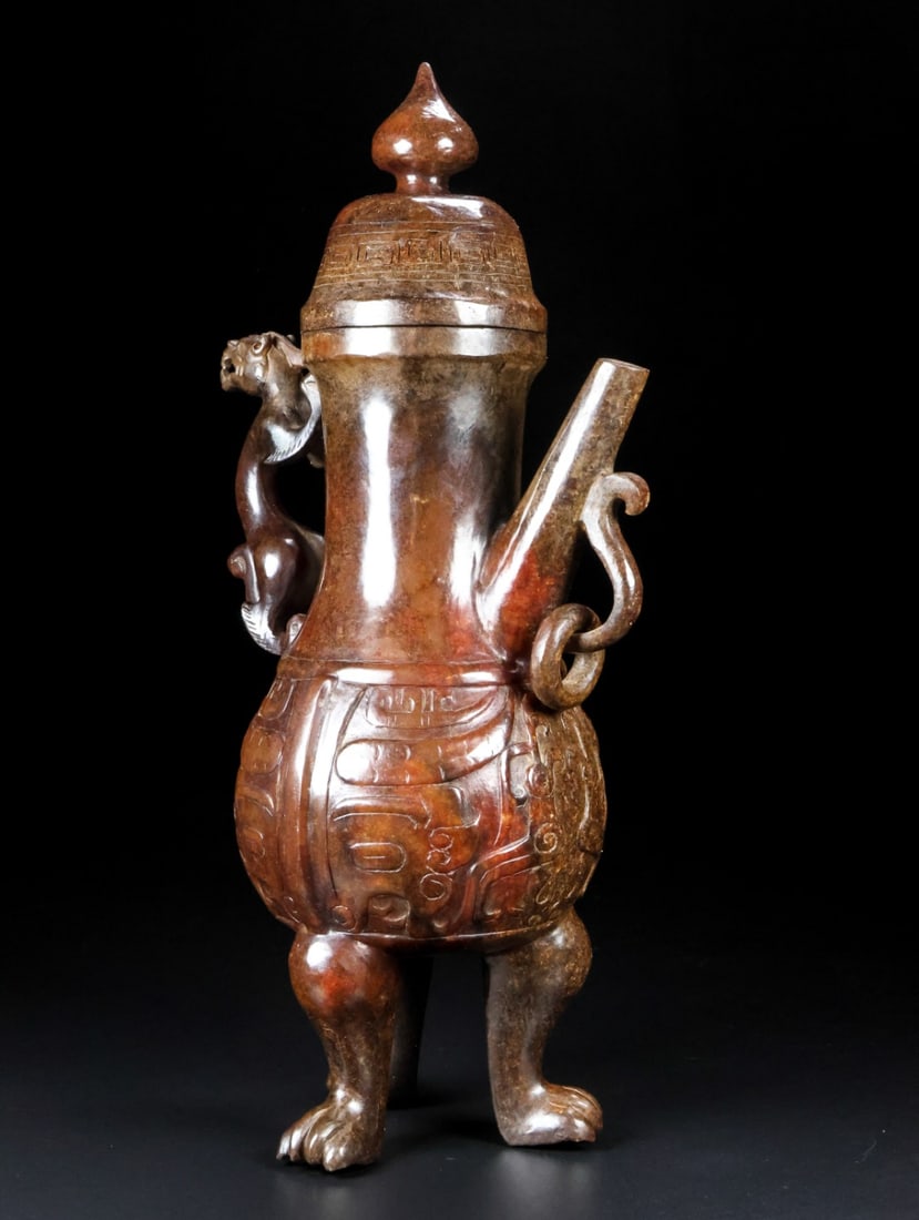 An Exquisite White Jade Beast-Face Pattern Ewer - 4