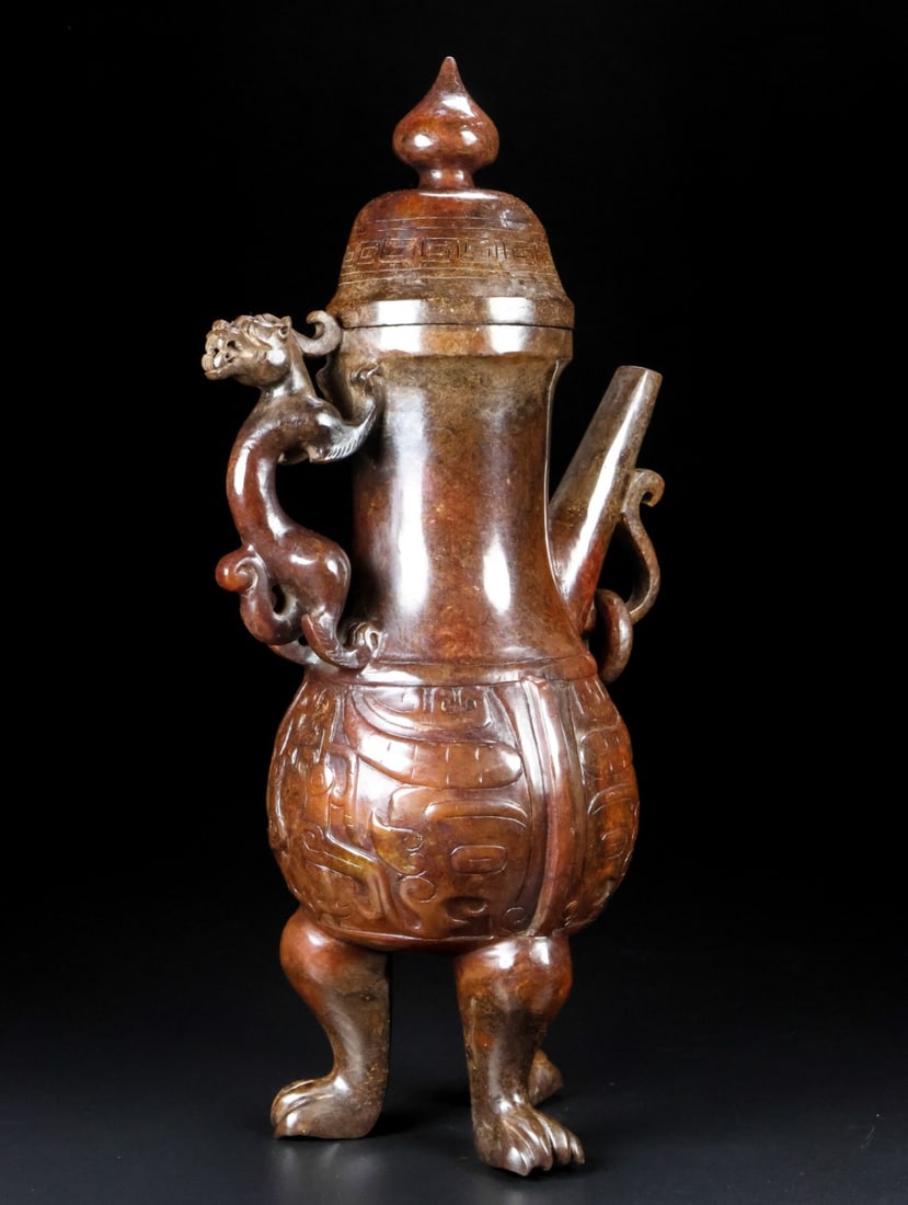 An Exquisite White Jade Beast-Face Pattern Ewer - 5
