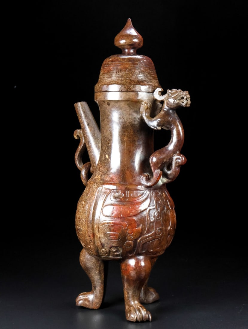 An Exquisite White Jade Beast-Face Pattern Ewer - 6