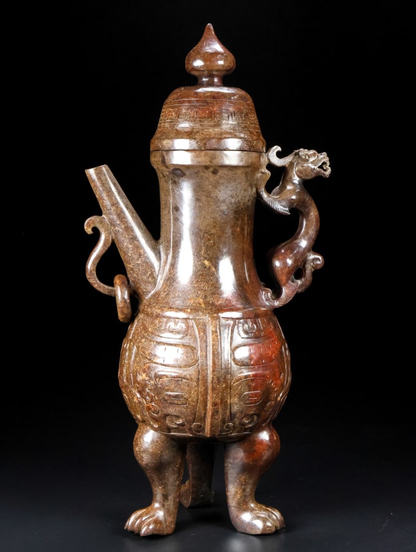 An Exquisite White Jade Beast-Face Pattern Ewer - 7