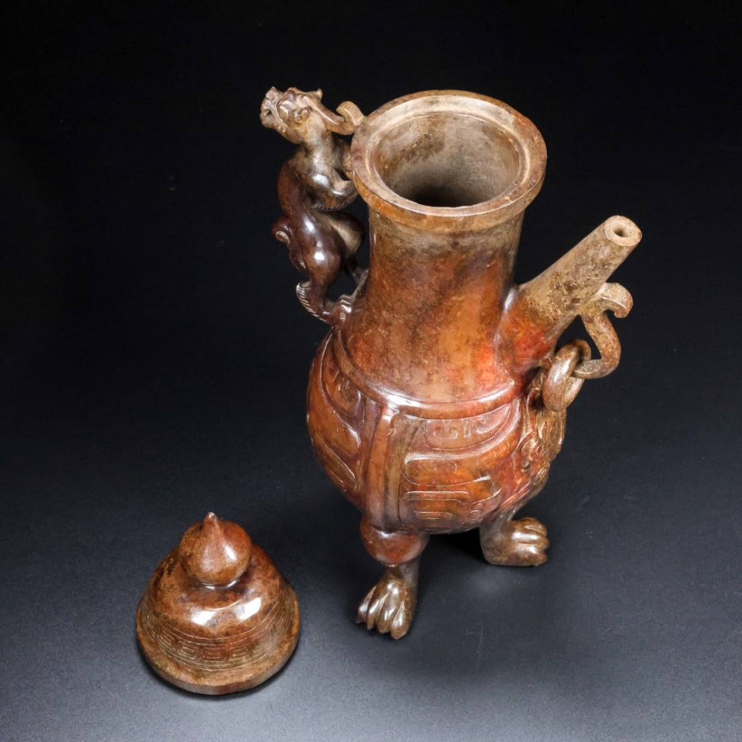 An Exquisite White Jade Beast-Face Pattern Ewer - 9