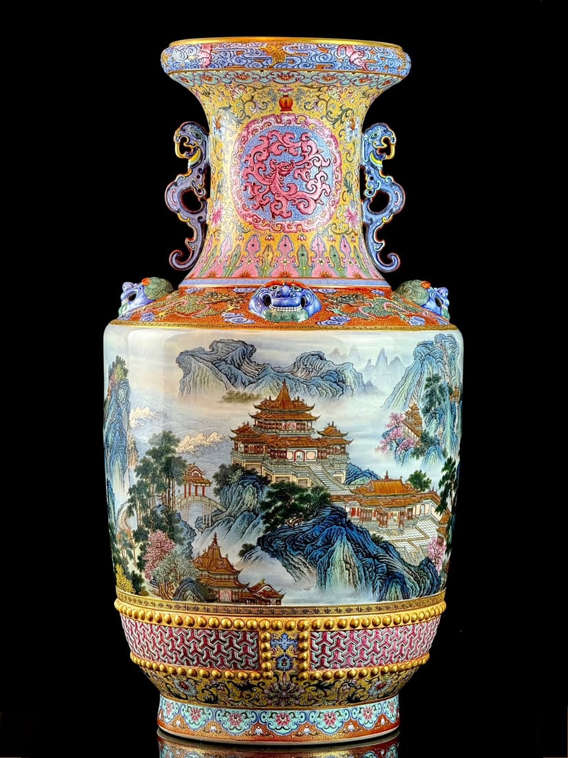 An Exquisite Famille-Rose Lotus Pattern Landscape Pattern Double-Ears Vase: An Exquisite Famille-Rose Lotus Pattern Landscape Pattern Double-Ears Vase Qing Dynasty, China Qianlong Four-character Mark