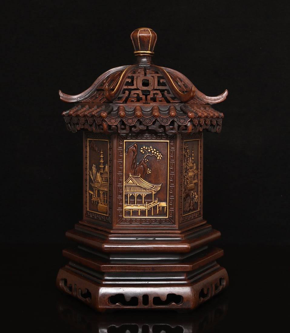 An Exquisite Gilt Bronze Landscape Pattern Censer Ornament (1 of 9)