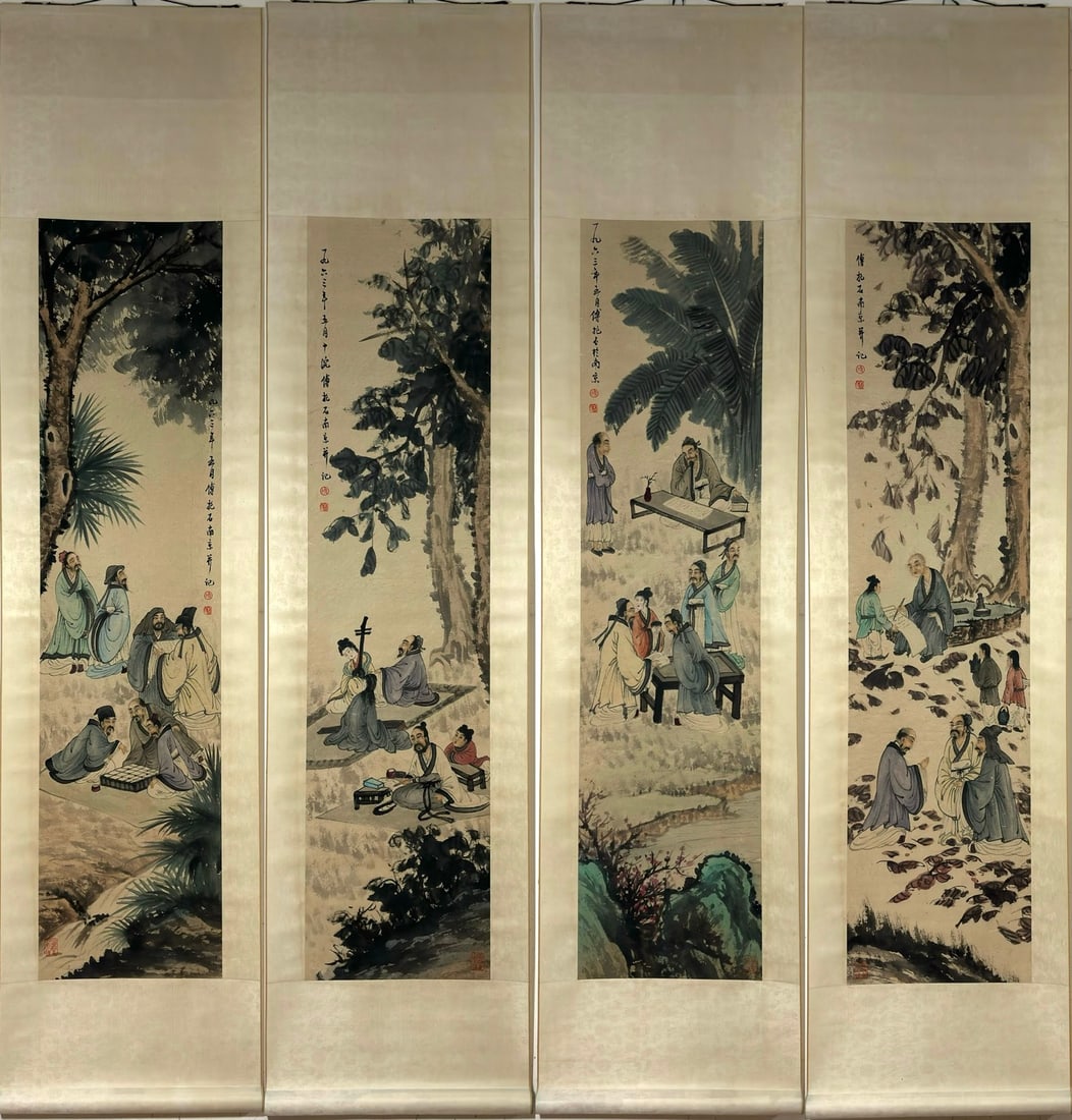 A Chinese Vertical Scroll Ink Painting of Character and Story on Paper: A Chinese Vertical Scroll Ink Painting of Character and Story on Paper Fu baoshi entirety Size:77.6inx18.7in Without frame