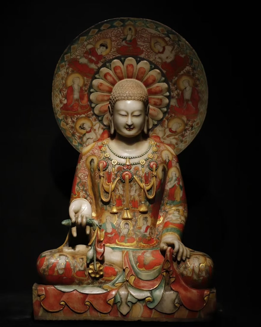 A Exquisite Marble Buddha statue Ornament: A Exquisite Marble Buddha statue Ornament Ancient Time, China Size:44.5inx26inx17.7in汉白玉彩绘大佛满彩绘佛像