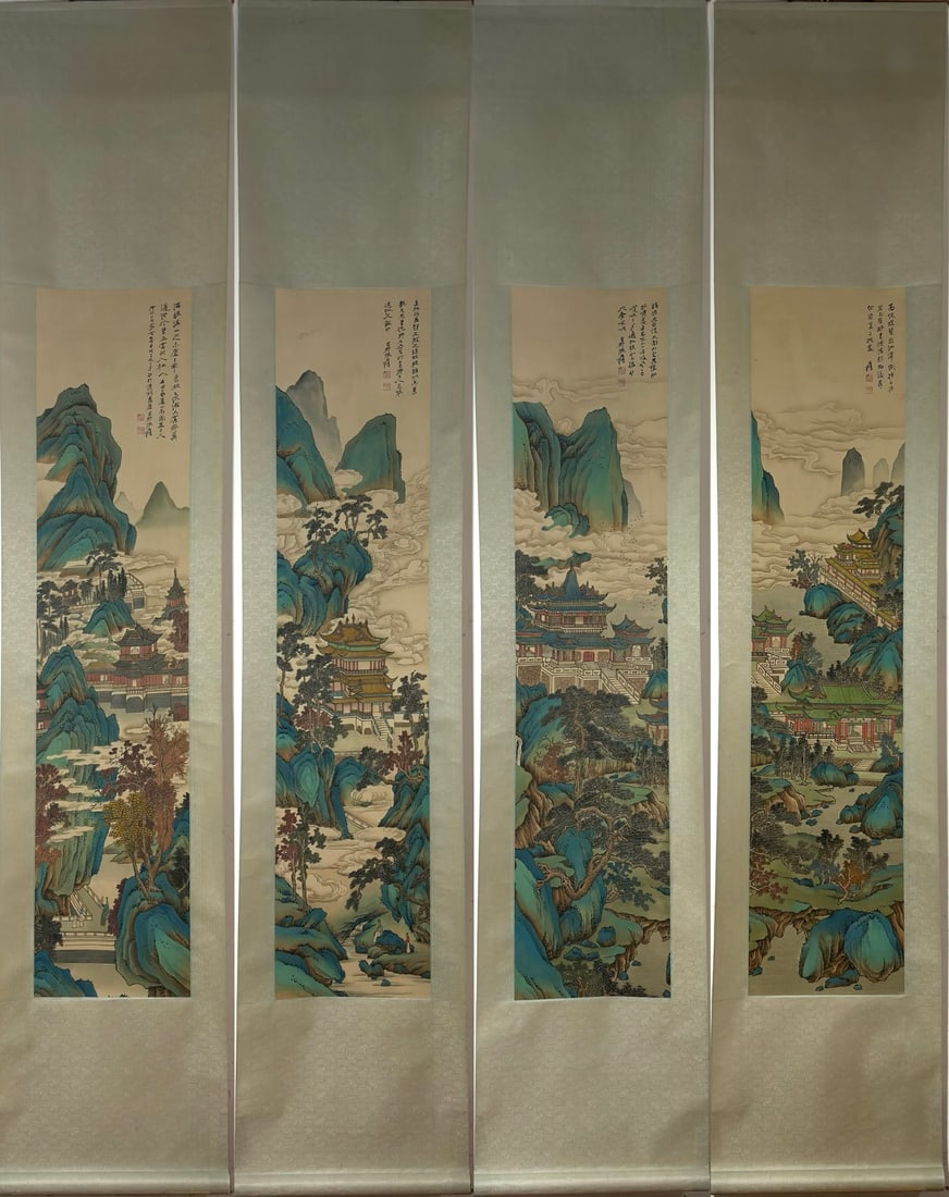 A Chinese Vertical Scroll Ink Painting of Landscape on Silk: A Chinese Vertical Scroll Ink Painting of Landscape on Silk Zhang daqian entirety Size:92.1inx18.1in Without frame Size:55.9inx12.2in张大千界画山水图