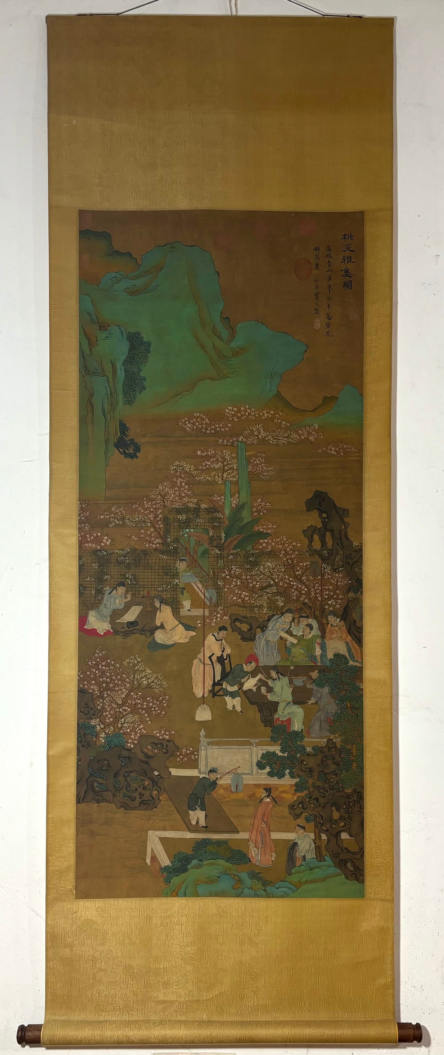 A Chinese Vertical Scroll Ink Painting of Landscape and Figure on Silk: A Chinese Vertical Scroll Ink Painting of Landscape and Figure on Silk Qiu ying Without frame Size:51.6inx21.7in仇英桃源雅集图 绢本立轴