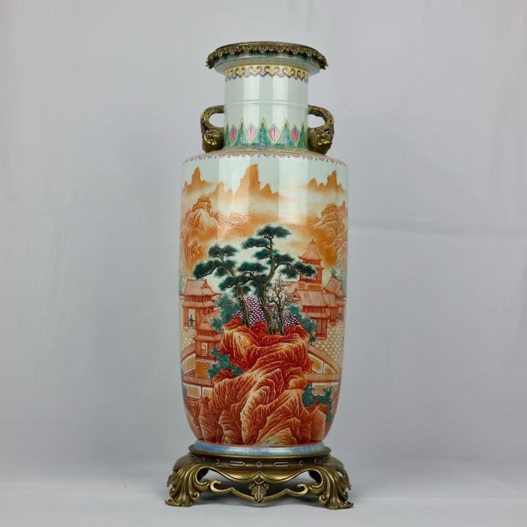 An Exquisite Famille-Rose Iron-Red Inlaid Bronze Landscape Pattern Double-Ears Vase: An Exquisite Famille-Rose Iron-Red Inlaid Bronze Landscape Pattern Double-Ears Vase Qing Dynasty, China Yongzheng Six-character Mark