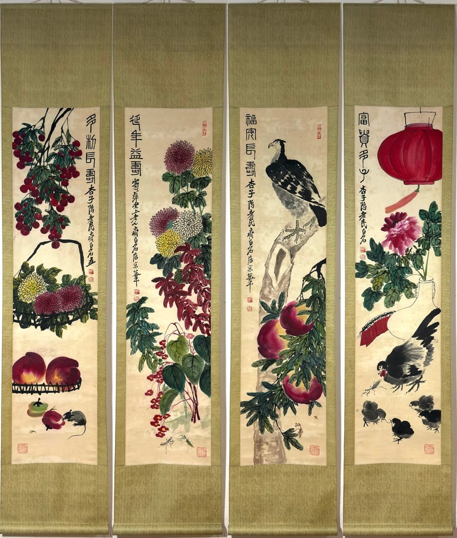 A Chinese Vertical Scroll Ink Painting of Flower and Bird on Paper: A Chinese Vertical Scroll Ink Painting of Flower and Bird on Paper Qi baishi entirety Size:79.9inx16.5in Without frame