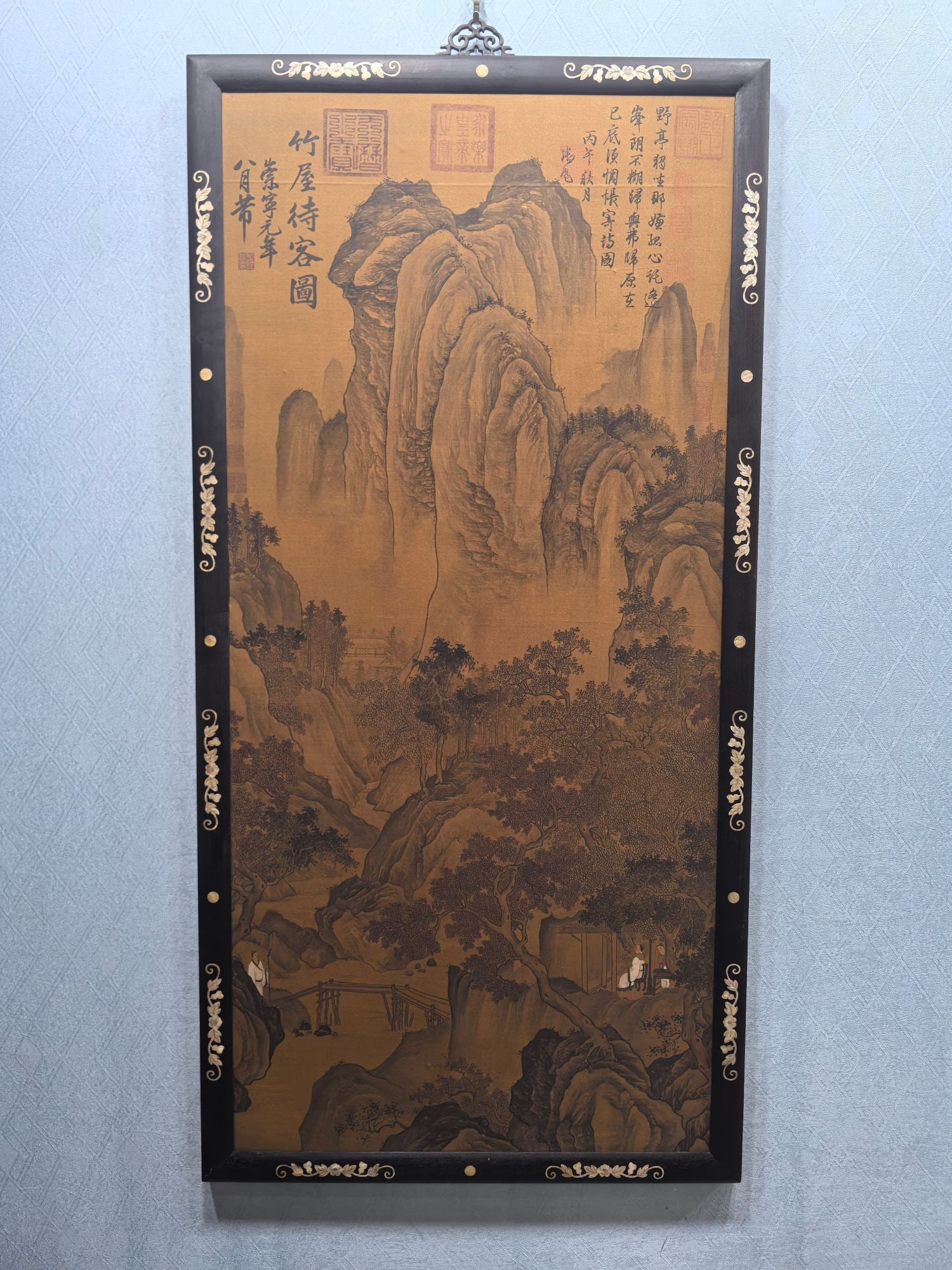 A Chinese Ink Painting of Landscape on Silk With Frame: A Chinese Ink Painting of Landscape on Silk With Frame Mi fu Size:28.1inx56.5in米芾竹屋待客图 绢本画框Size:71.5cmx143.5cm