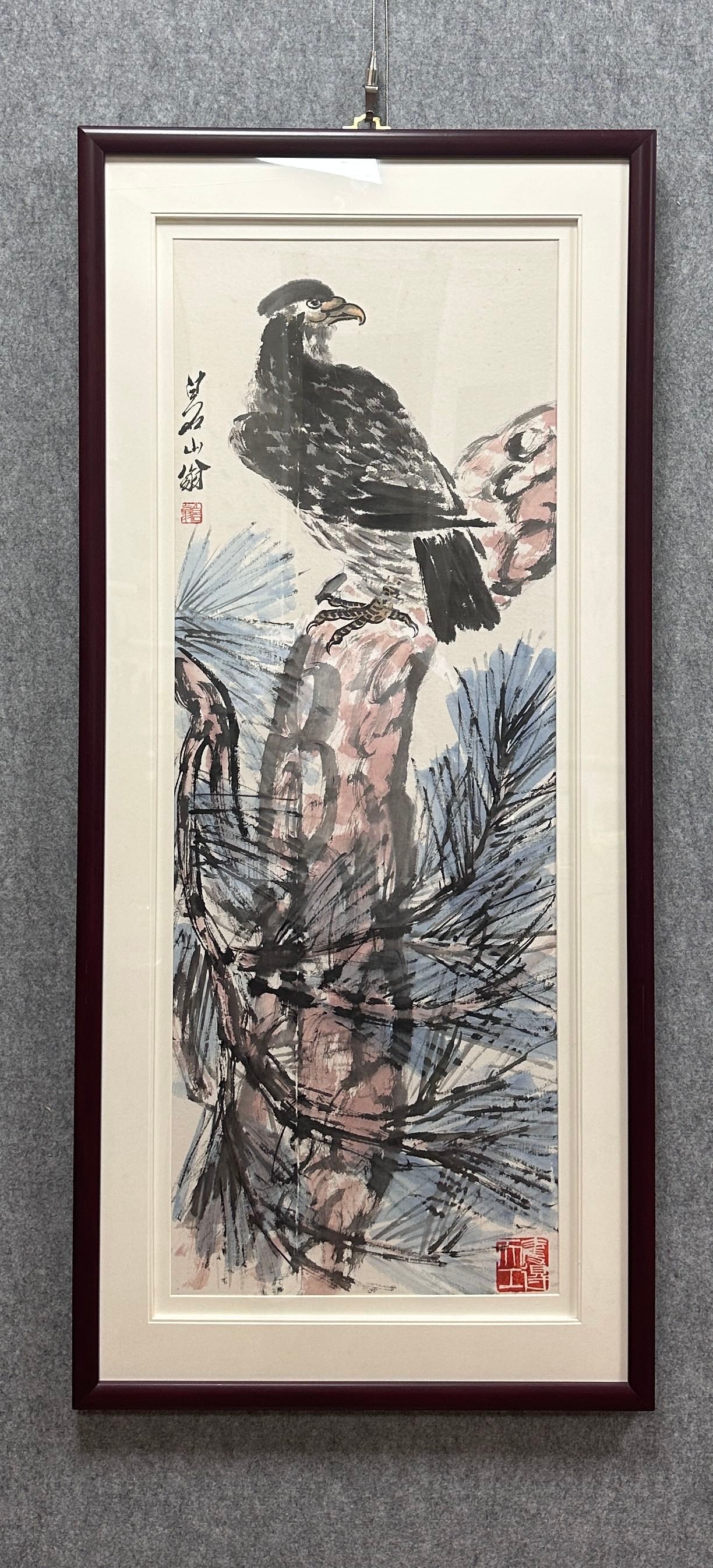 A Chinese Ink Painting of Eagle on Paper With Frame: A Chinese Ink Painting of Eagle on Paper With Frame Qi baishi Without frame Size:14.6inx40.2in Size:46.9inx21.3in齐白石松鹰 纸本画框Without frame