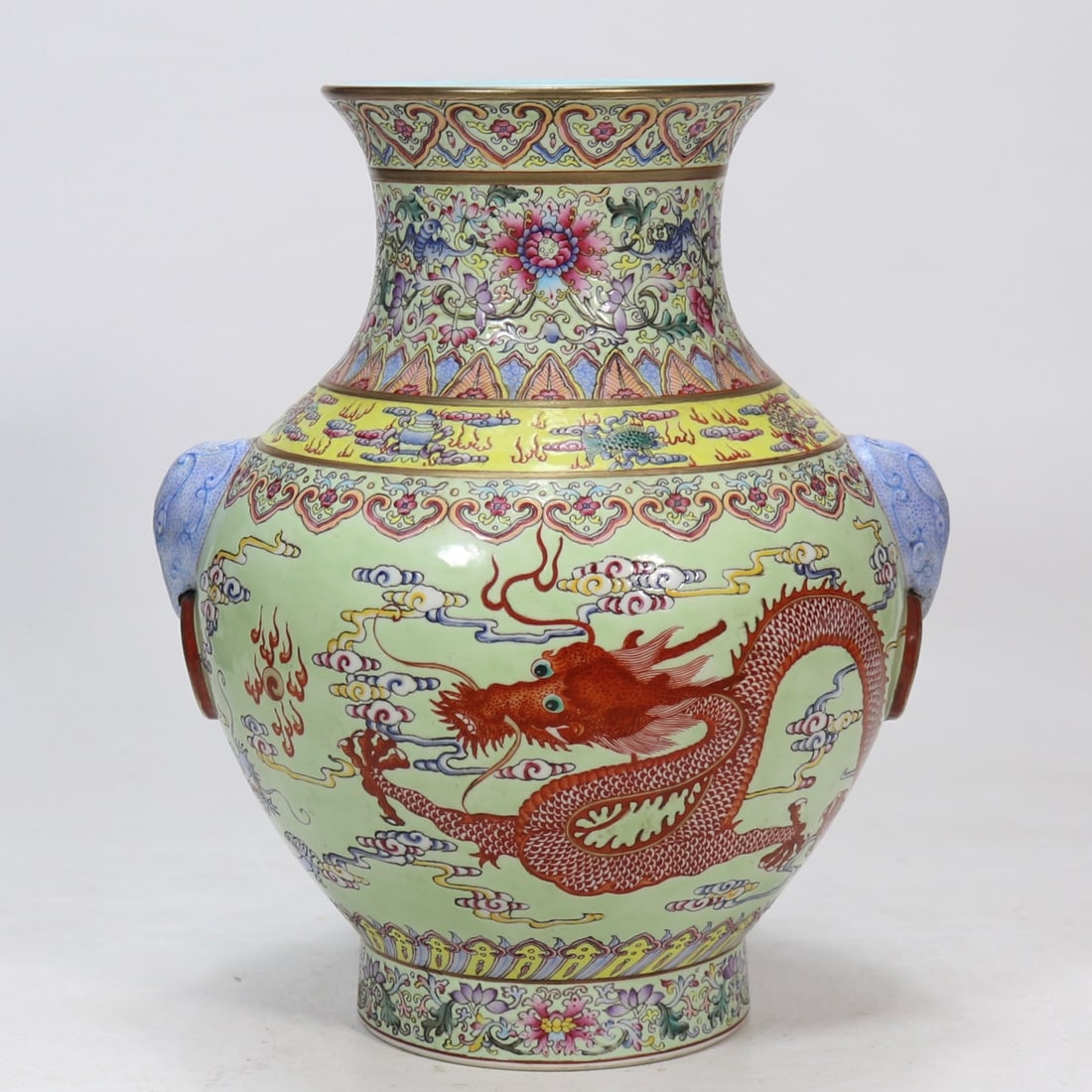 An Exquisite Famille-Rose Iron-Red Lotus Pattern Dragon Pattern Double-Ears Vase: An Exquisite Famille-Rose Iron-Red Lotus Pattern Dragon Pattern Double-Ears Vase Qing Dynasty, China Qianlong Six-character Mark