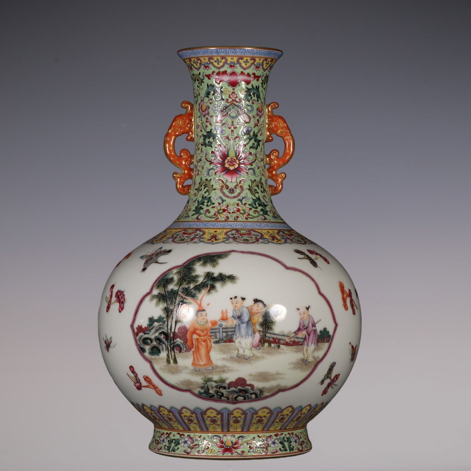 An Exquisite Famille-Rose Lotus Pattern Character and Story Pattern Double-Ears Vase: An Exquisite Famille-Rose Lotus Pattern Character and Story Pattern Double-Ears Vase Qing Dynasty, China Qianlong Six-character Mark