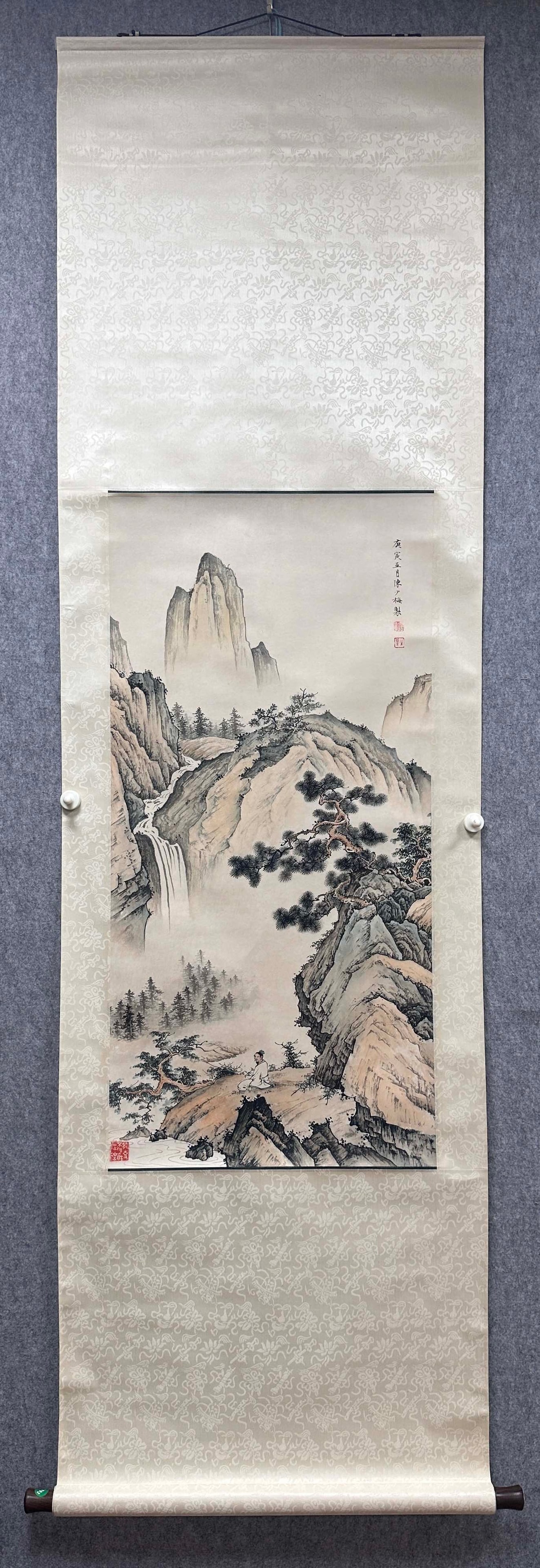 A Chinese Vertical Scroll Ink Painting of Landscape on Paper: A Chinese Vertical Scroll Ink Painting of Landscape on Paper Chen shaomei Without frame Size:18.9inx39.4in陈少梅山水 纸本立轴Without frame