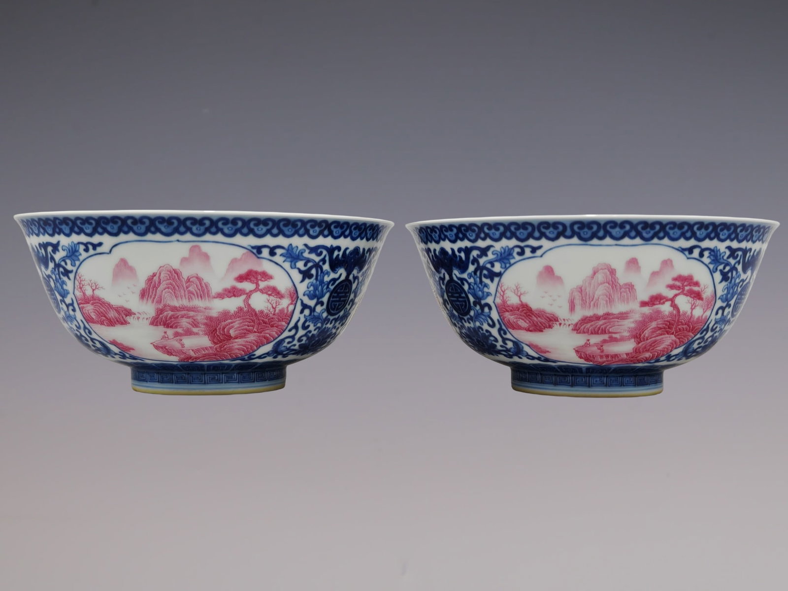 An Exquisite Blue and White Lotus Pattern Bats and Peach Pattern Landscape Pattern Bowl: An Exquisite Blue and White Lotus Pattern Bats and Peach Pattern Landscape Pattern Bowl Qing Dynasty, China Qianlong Six-character Mark