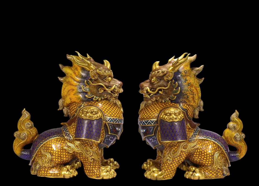 A Exquisite A pair of Cloisonne Kylin Ornament: A Exquisite A pair of Cloisonne Kylin Ornament Qing Dynasty, China Qianlong Four-character Mark Size:13inx8.3inx11.8in