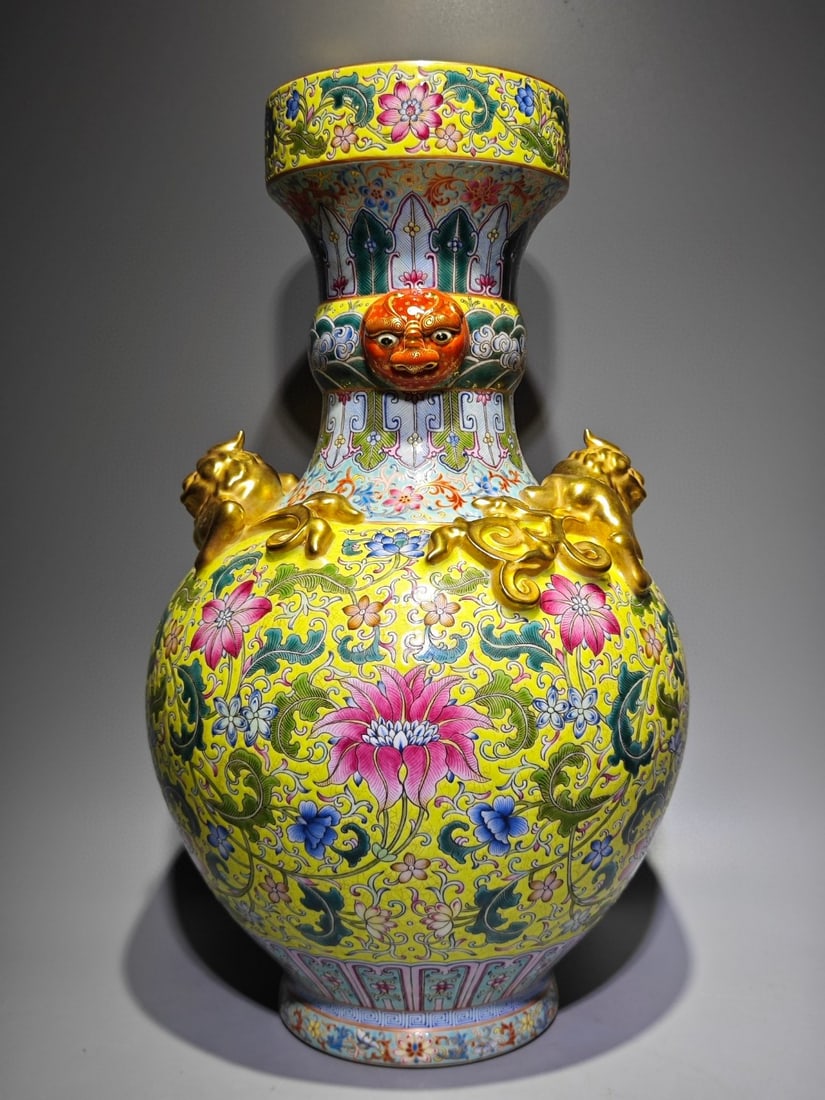 An Exquisite Enamel Painted Gold Lotus Pattern Double-Ears Vase: An Exquisite Enamel Painted Gold Lotus Pattern Double-Ears Vase Qing Dynasty, China Qianlong Four-character Mark