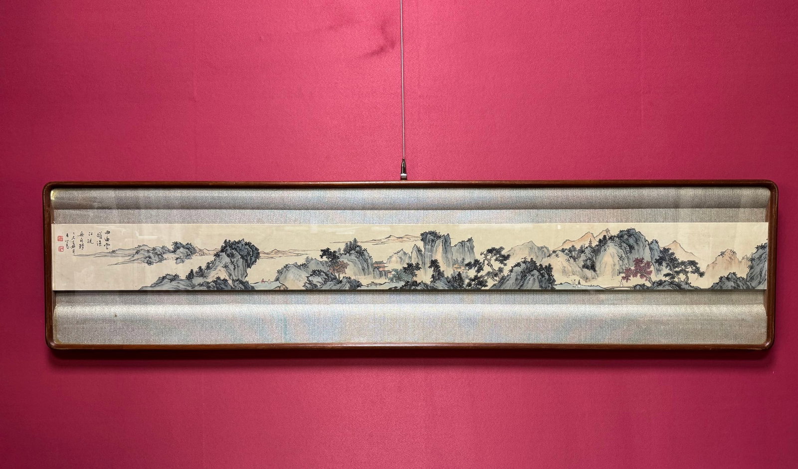 A Chinese Ink Painting of Landscape and Figure on Silk With Frame: A Chinese Ink Painting of Landscape and Figure on Silk With Frame Pu ru Without frame Size:5.7inx61.8in Size:14.6inx63in溥儒山水人物