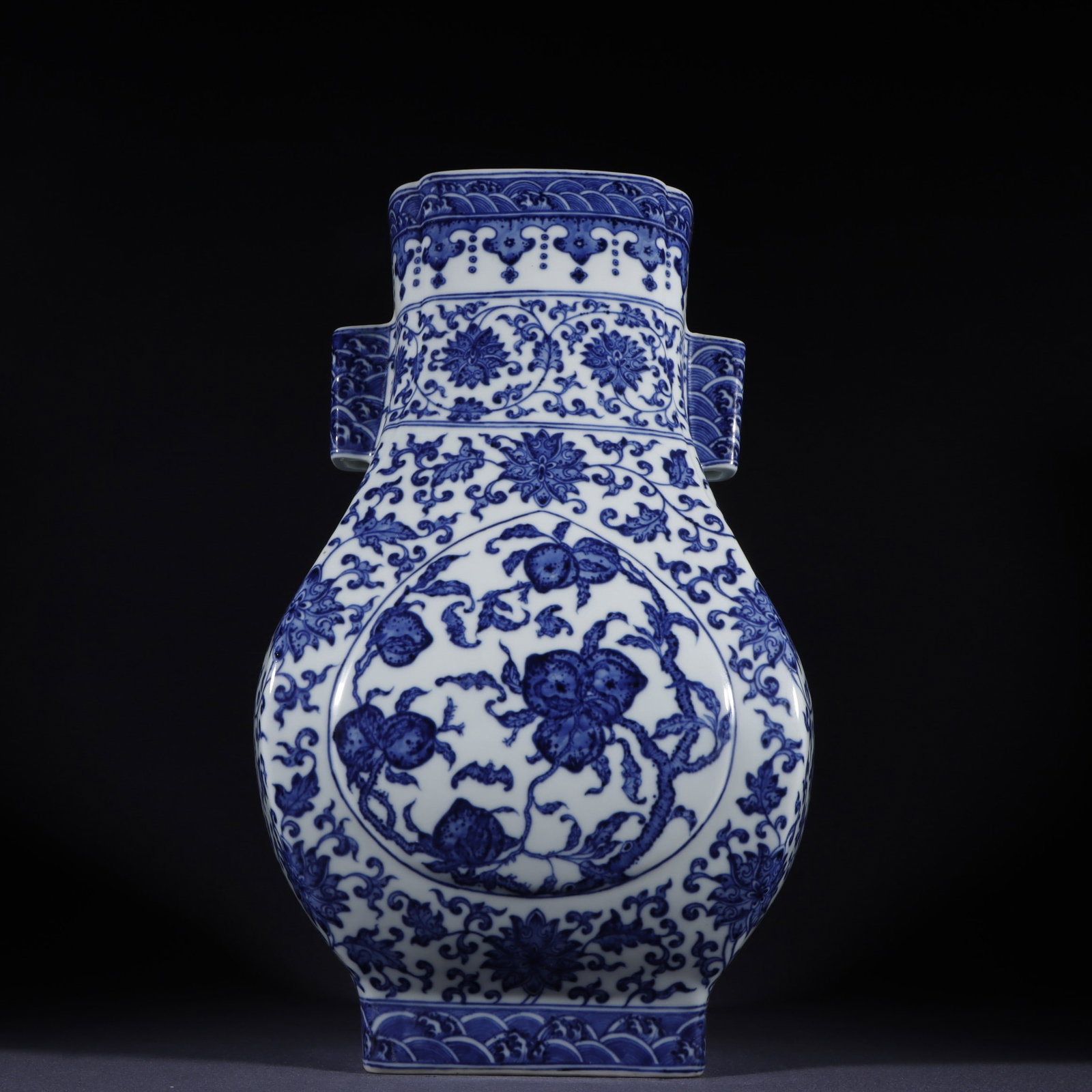 An Exquisite Blue and White Lotus Pattern Bats and Peach Pattern Seawater Pattern Double-Ears Vase: An Exquisite Blue and White Lotus Pattern Bats and Peach Pattern Seawater Pattern Double-Ears Vase Qing Dynasty, China Qianlong Six-character Mark