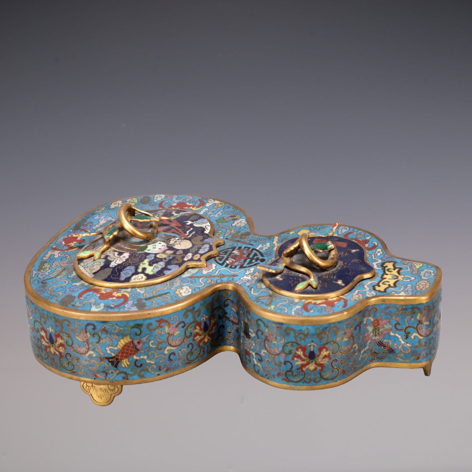 A Exquisite Cloisonne Eight Treasures Pattern Bats and Peach Pattern Gourd-Shaped Box: A Exquisite Cloisonne Eight Treasures Pattern Bats and Peach Pattern Gourd-Shaped Box Qing Dynasty, China Qianlong Four-character Mark Size:10.6inx7.9inx3.9in