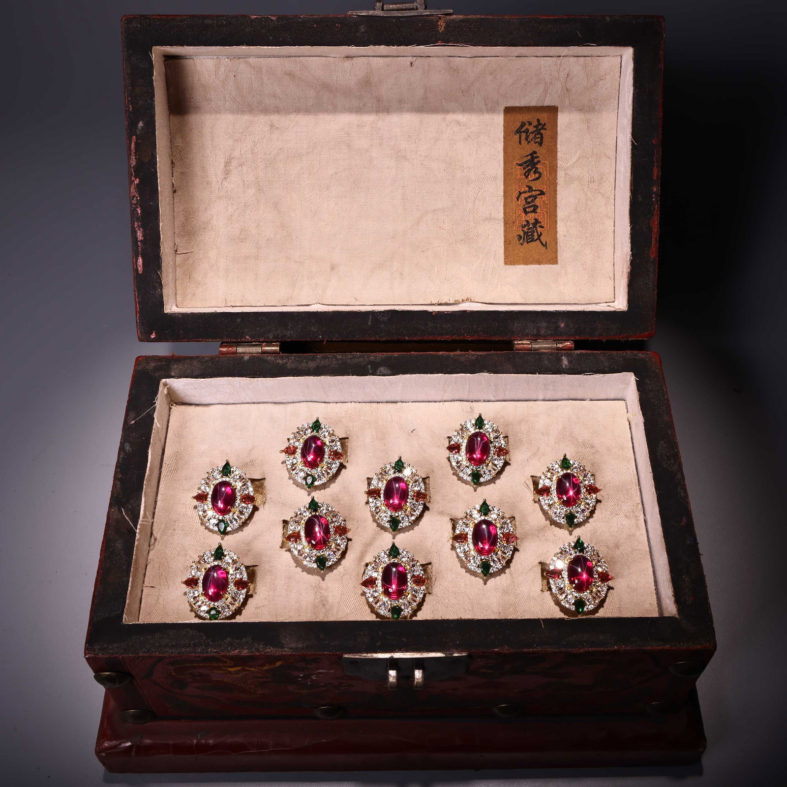 A Set of Fine Gilt Bronze Inlaid Gems Ring: A Set of Fine Gilt Bronze Inlaid Gems Ring Qing Dynasty, China Diameter Size:0.6in