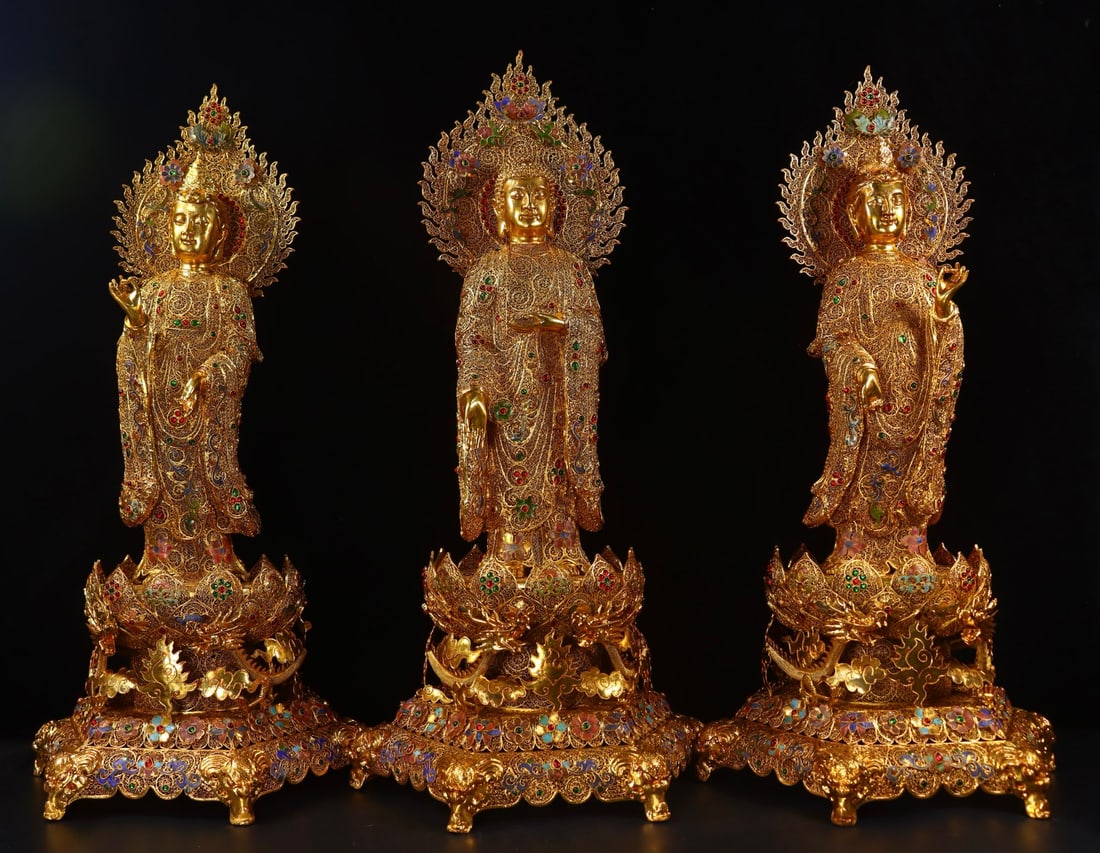 A Set of Fine Gilt Bronze Inlaid Gems Buddha Statue: A Set of Fine Gilt Bronze Inlaid Gems Buddha Statue Qing Dynasty, China Size:23.2inx11in