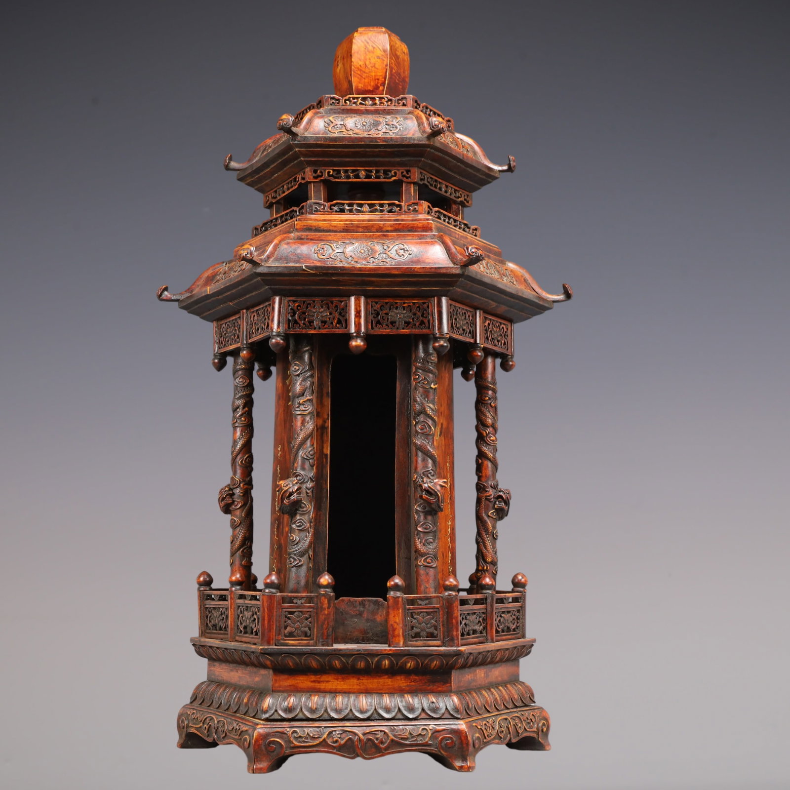 A Exquisite Zitanwood Dragon Pattern -With Inscription Pagoda: A Exquisite Zitanwood Dragon Pattern -With Inscription Pagoda Qing Dynasty, China Size:15inx26.8in Weight:8550g紫檀木龙纹带铭文宝塔