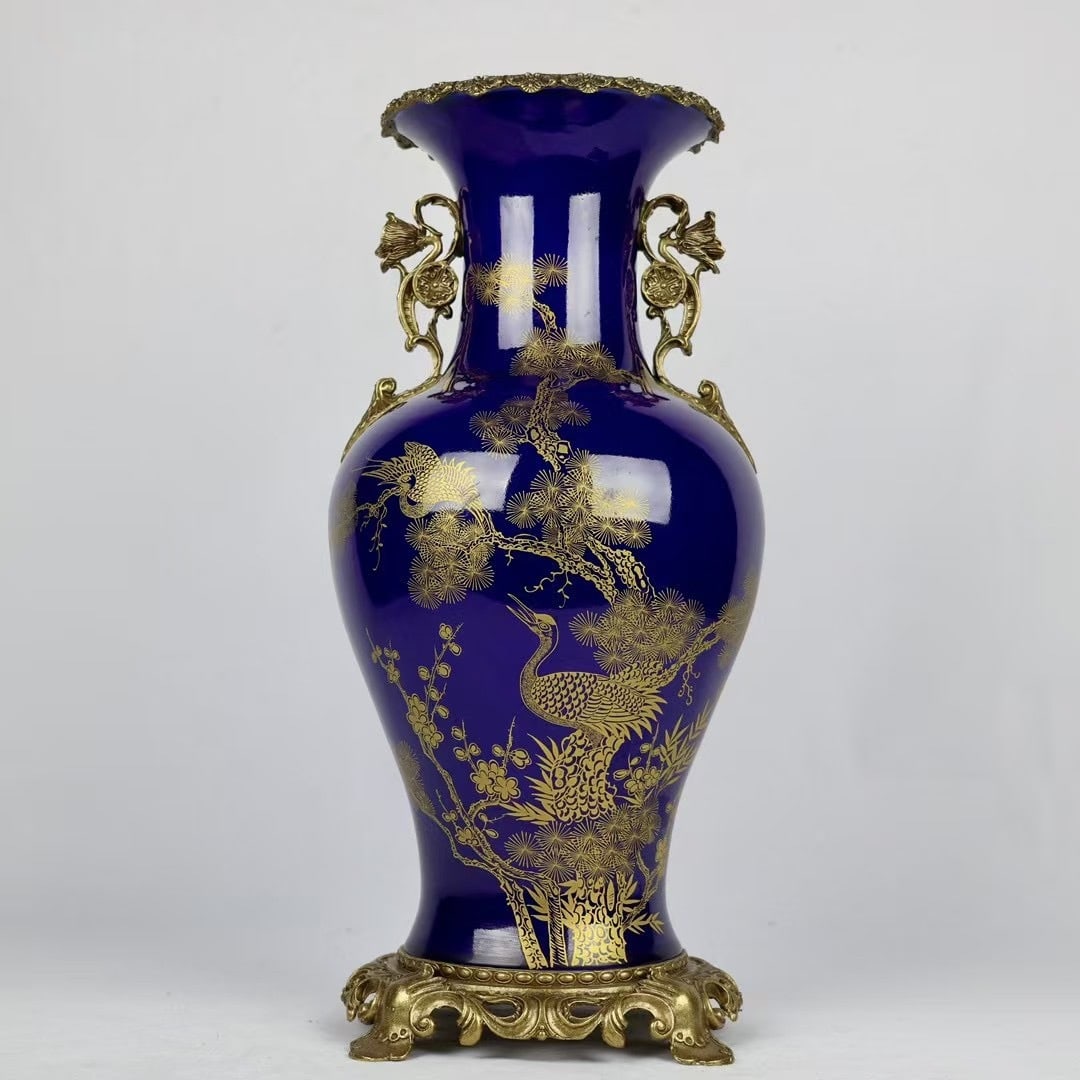 An Exquisite Ji Blue Glazed Inlaid Bronze Painted Gold Pine and Crane Pattern Double-Ears Vase: An Exquisite Ji Blue Glazed Inlaid Bronze Painted Gold Pine and Crane Pattern Double-Ears Vase Qing Dynasty, China Kangxi Six-character Mark