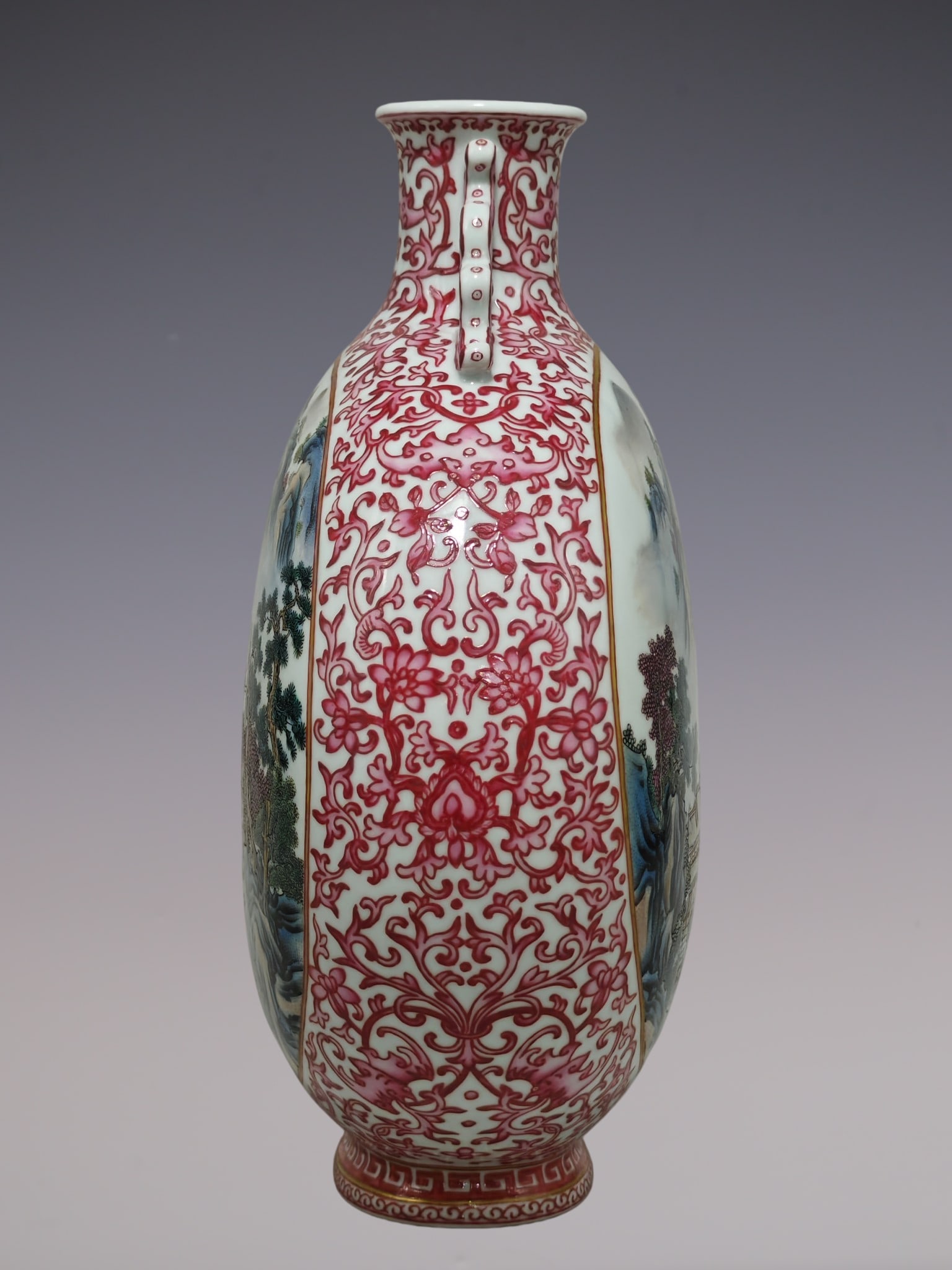 An Exquisite Ruby Red-Glazed Lotus Pattern Landscape Pattern Double-Ears Vase - 2
